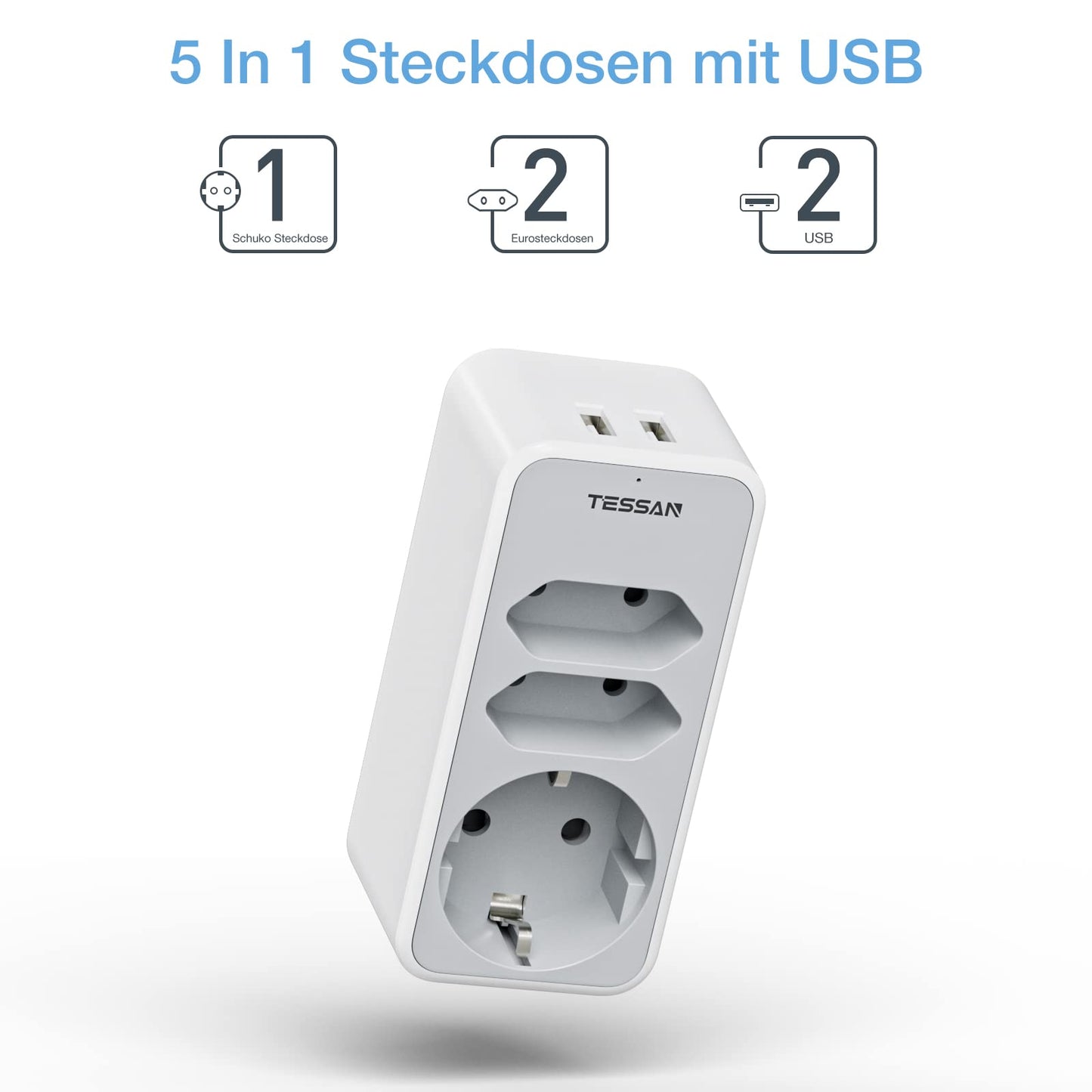 TESSAN 5-in-1 Mehrfachstecker für Steckdose, 3-fach mit 2 USB-Steckdosen