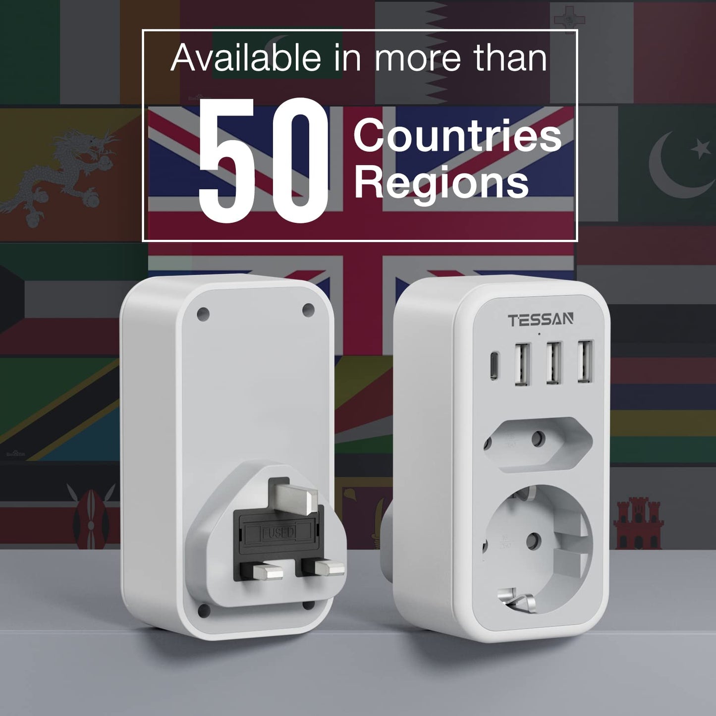 TESSAN UK Adapter England Deutschland Stecker mit 3 USB und 1 USB C