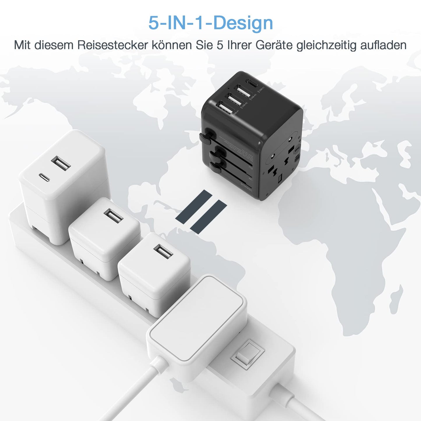 Universal Reisestecker mit 3USB, 1USB C und 1AC Steckdose