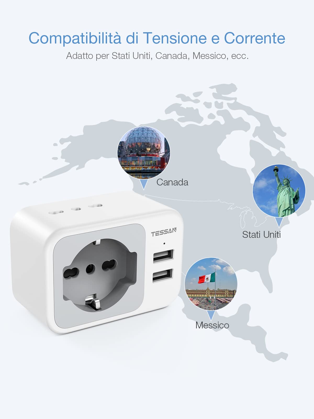 TESSAN Reiseadapter USA, Amerika Deutschland Stecker mit 2 USB