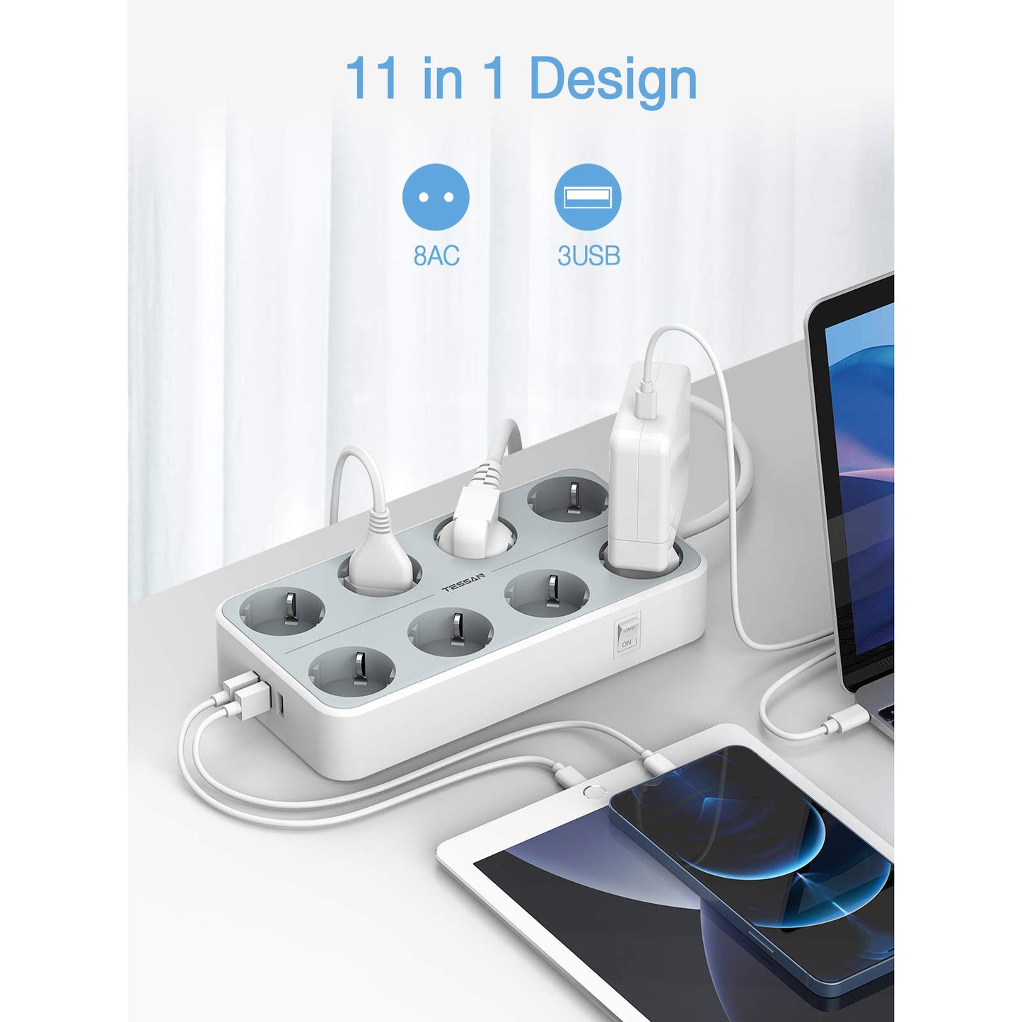 TESSAN 11 in 1 Steckerleiste Extension Cord,Verlängerungskabel 2m mit 3 USB