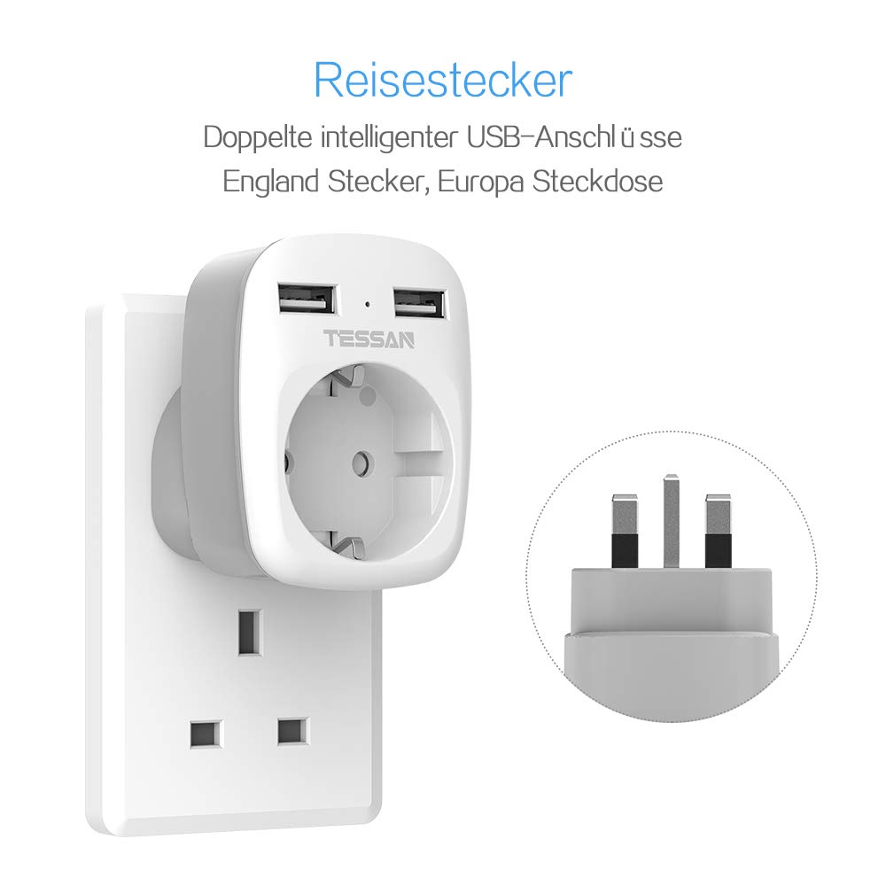 Adattatore da Viaggio con 2 USB, Adattatore Spina Inglese per Gran Bretagna/Qatar/Irlanda