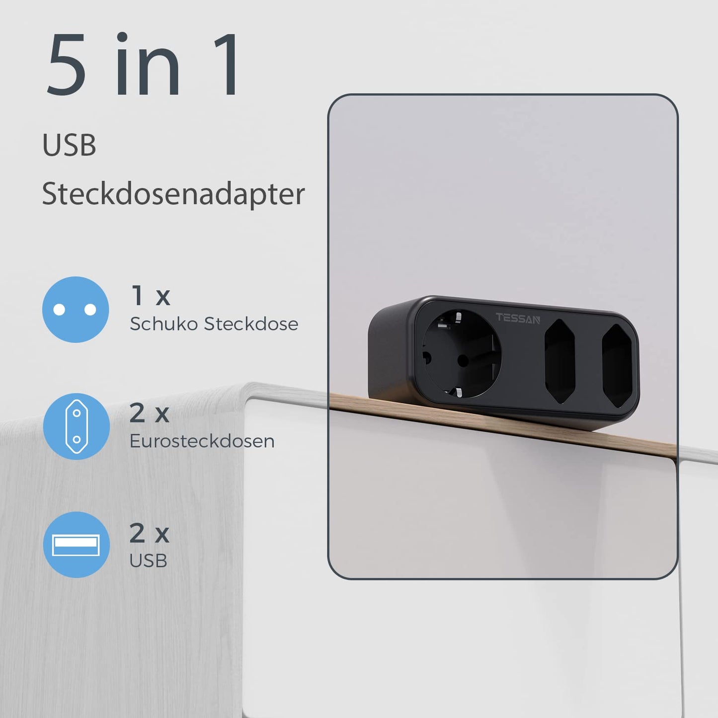 TESSAN 5 in 1Stromadapter Adapter USA Amerika Deutschland Stecker mit 2 USB(2.4A)