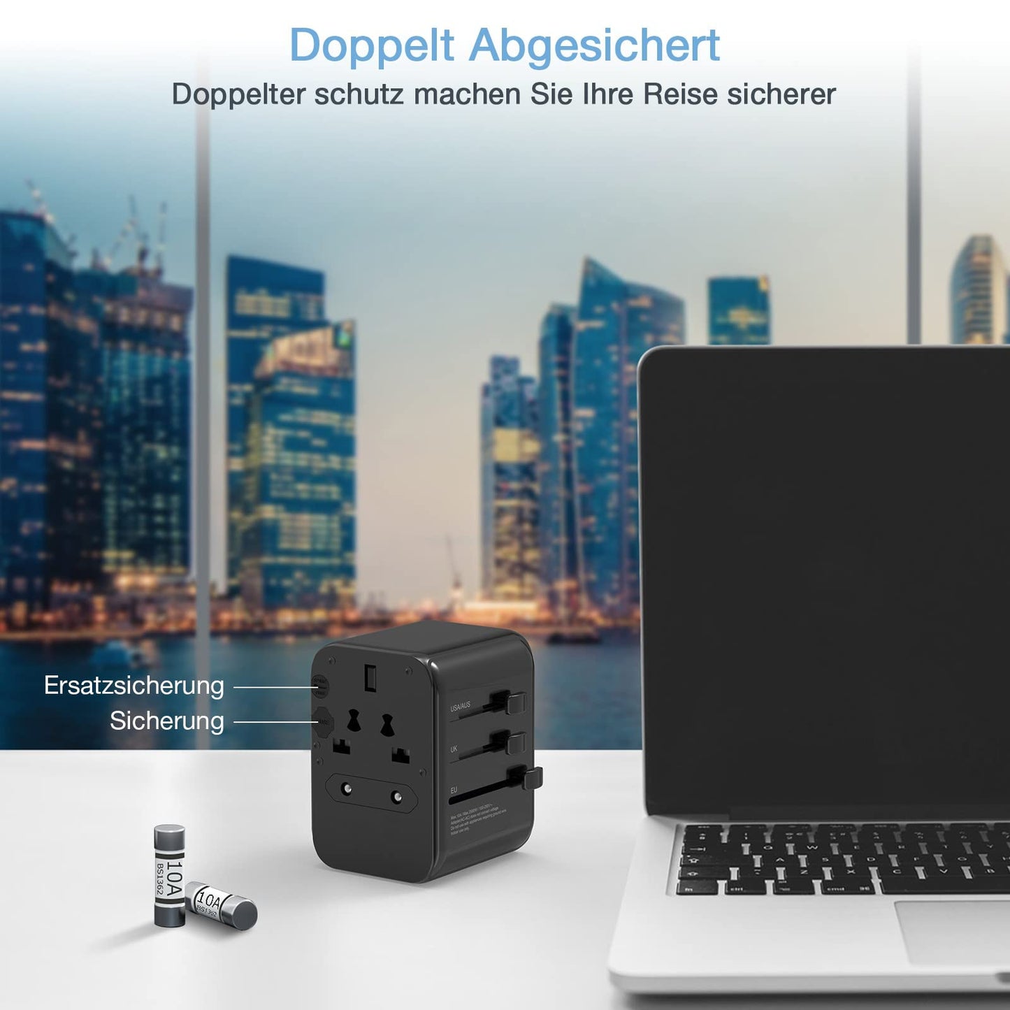 Universal Reisestecker mit 3USB, 1USB C und 1AC Steckdose