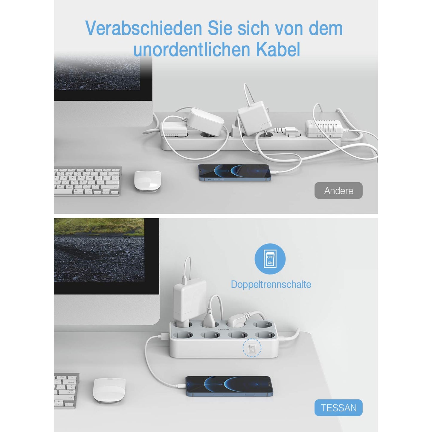 TESSAN 11 in 1 Steckerleiste Extension Cord,Verlängerungskabel 2m mit 3 USB