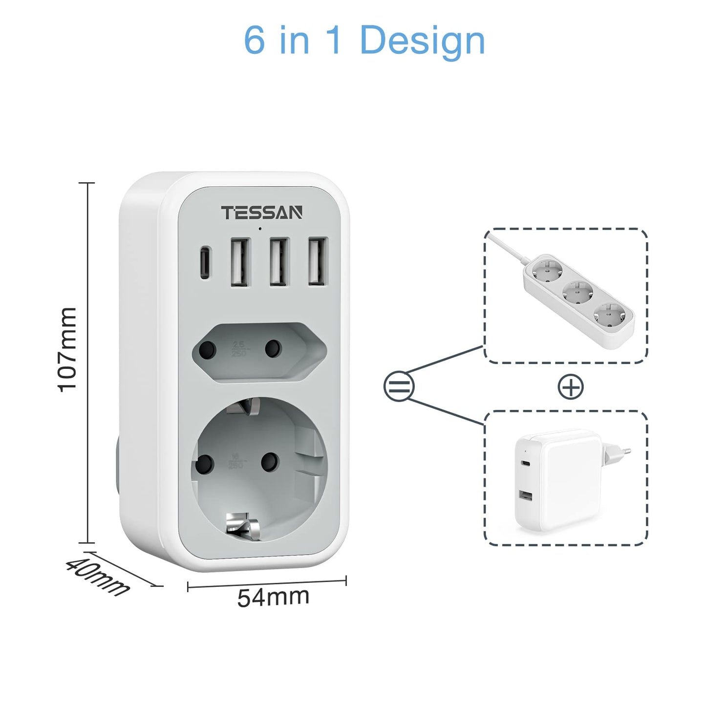 TESSAN UK Adapter England Deutschland Stecker mit 3 USB und 1 USB C