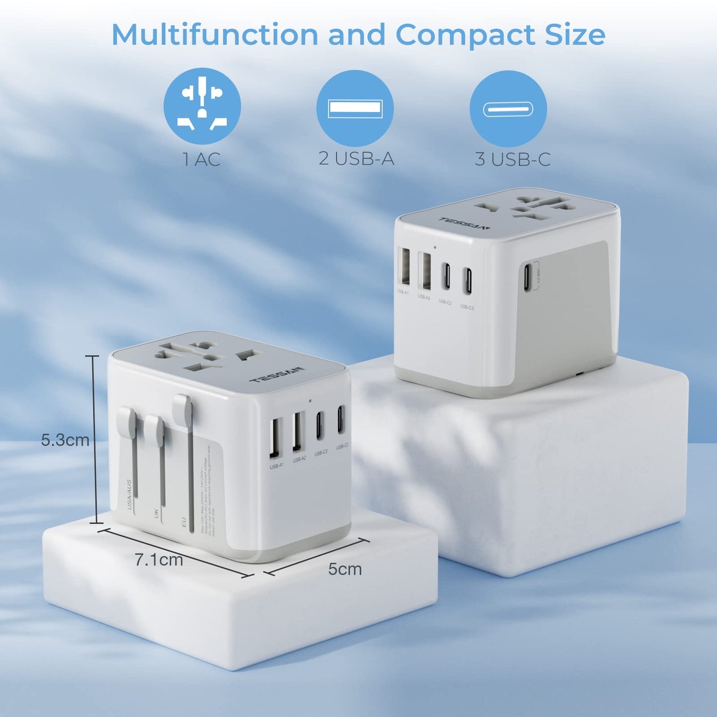 Tessan Universal Reiseadapter Reisesteckdosenadapter weltweit mit 2 USB und 3 USB C