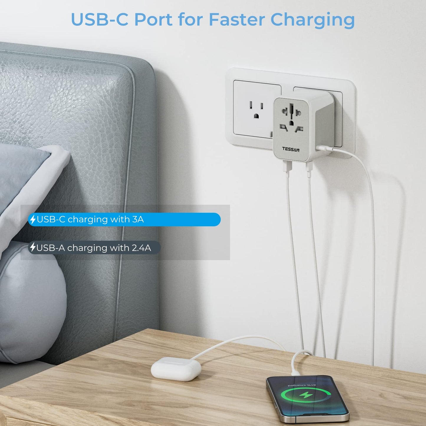 Tessan Universal Reiseadapter Reisesteckdosenadapter weltweit mit 2 USB und 3 USB C