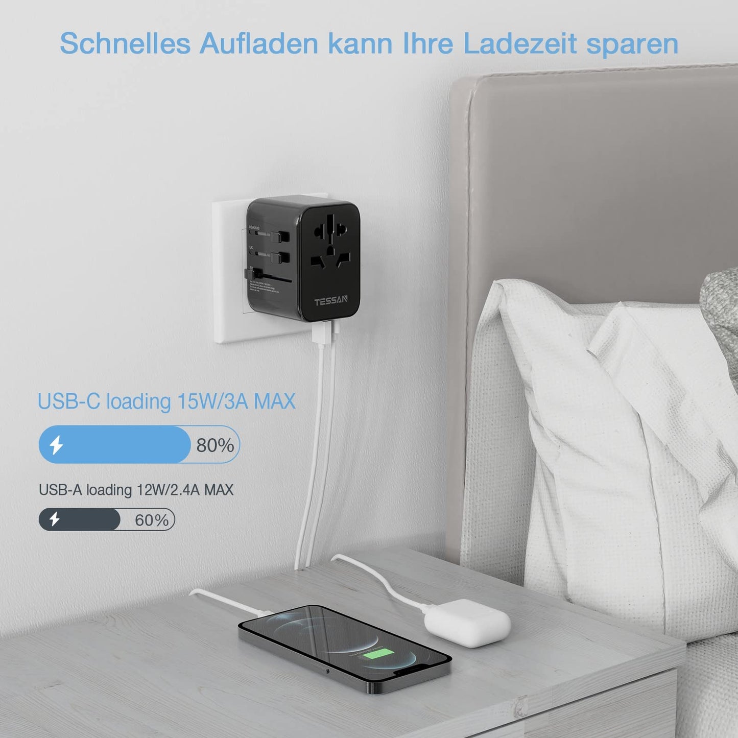 Universal Reisestecker mit 3USB, 1USB C und 1AC Steckdose