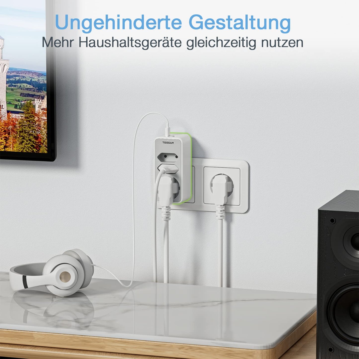 TESSAN 5-in-1 Mehrfachstecker für Steckdose, 3-fach mit 2 USB-Steckdosen