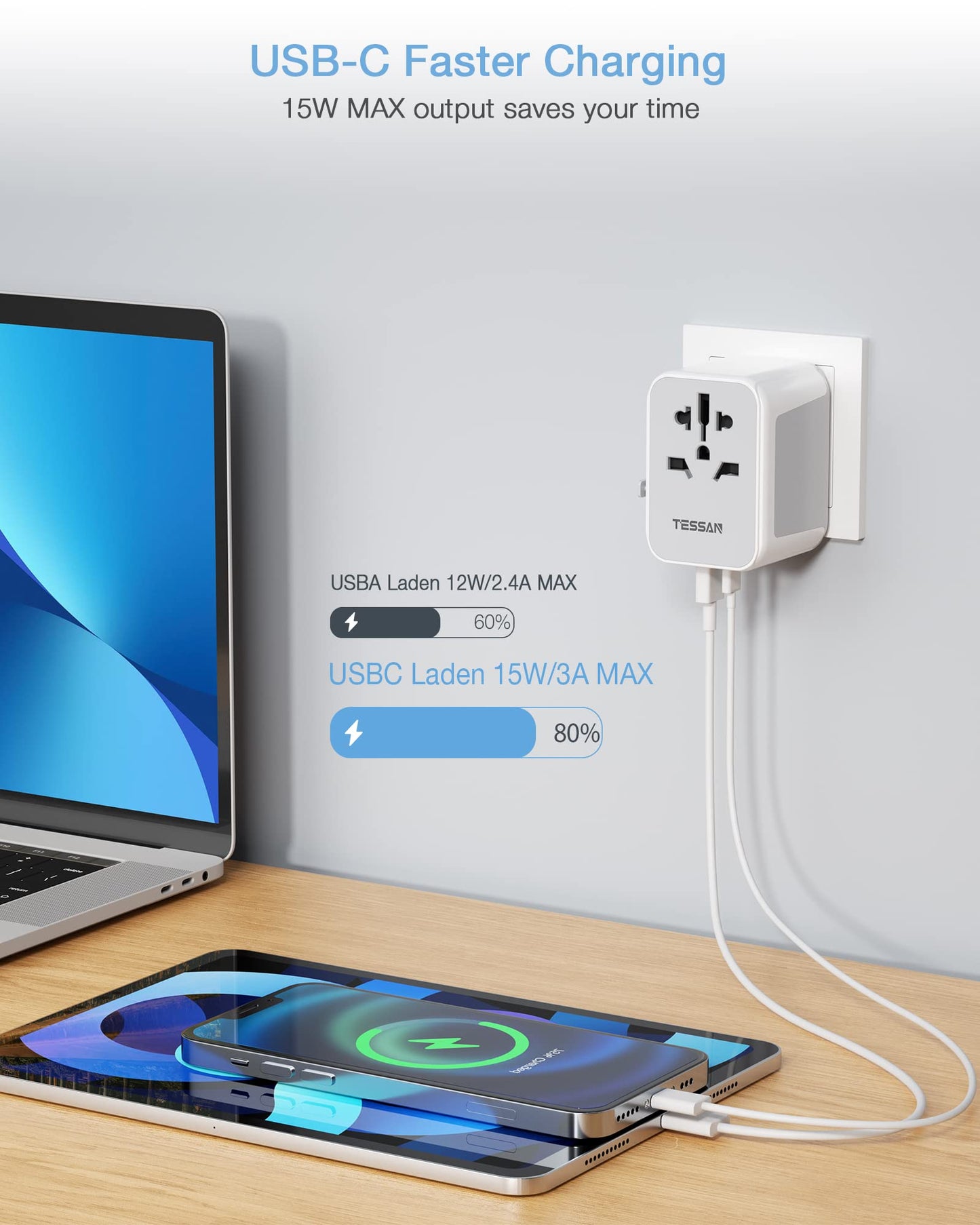 TESSAN Reiseadapter Weltweit, Reisestecker Adapter Weltweit mit 2 USB und 2 USB C