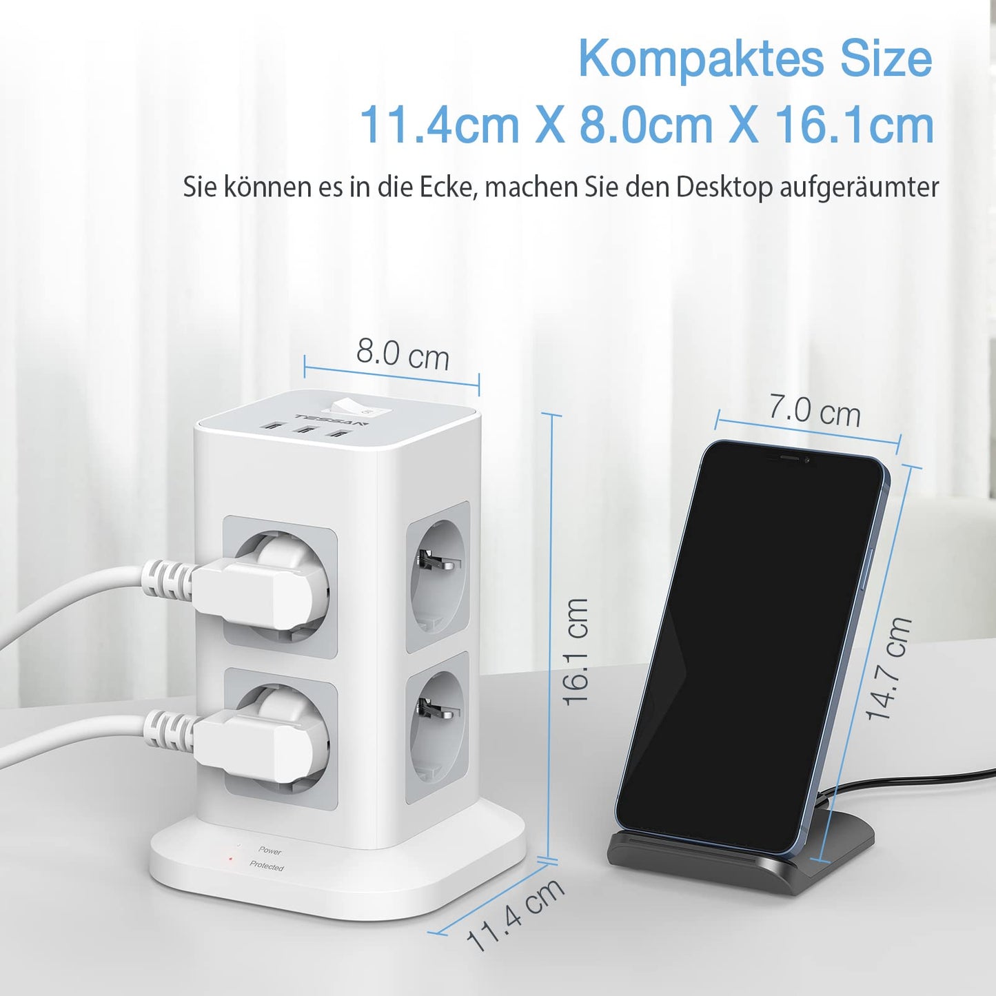 TESSAN 8 Fach Steckdosenleiste Überspannungsschutz mit 3 USB