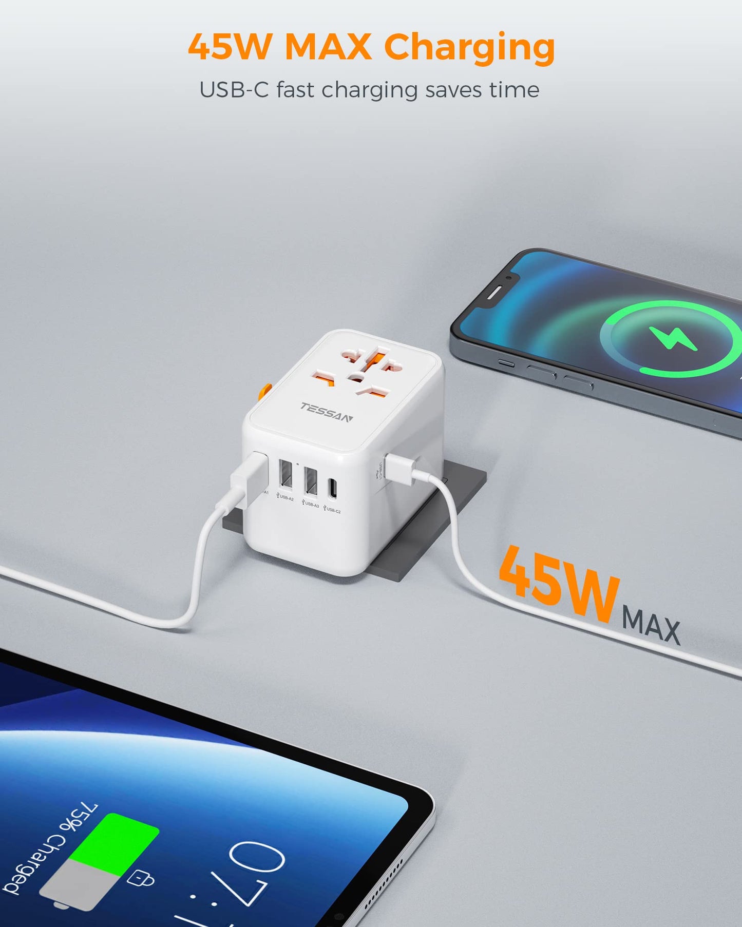 TESSAN 45W Schnelles Aufladen Reisestecker Adapter mit 3 USB und 2 USB C
