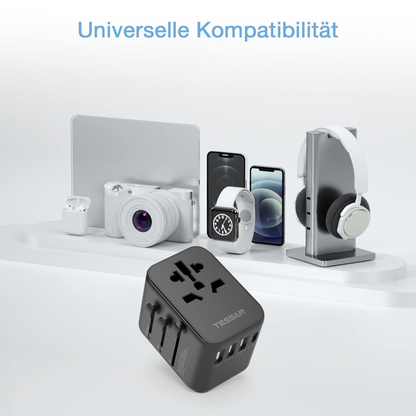 Universal Reisestecker mit 3USB, 1USB C und 1AC Steckdose