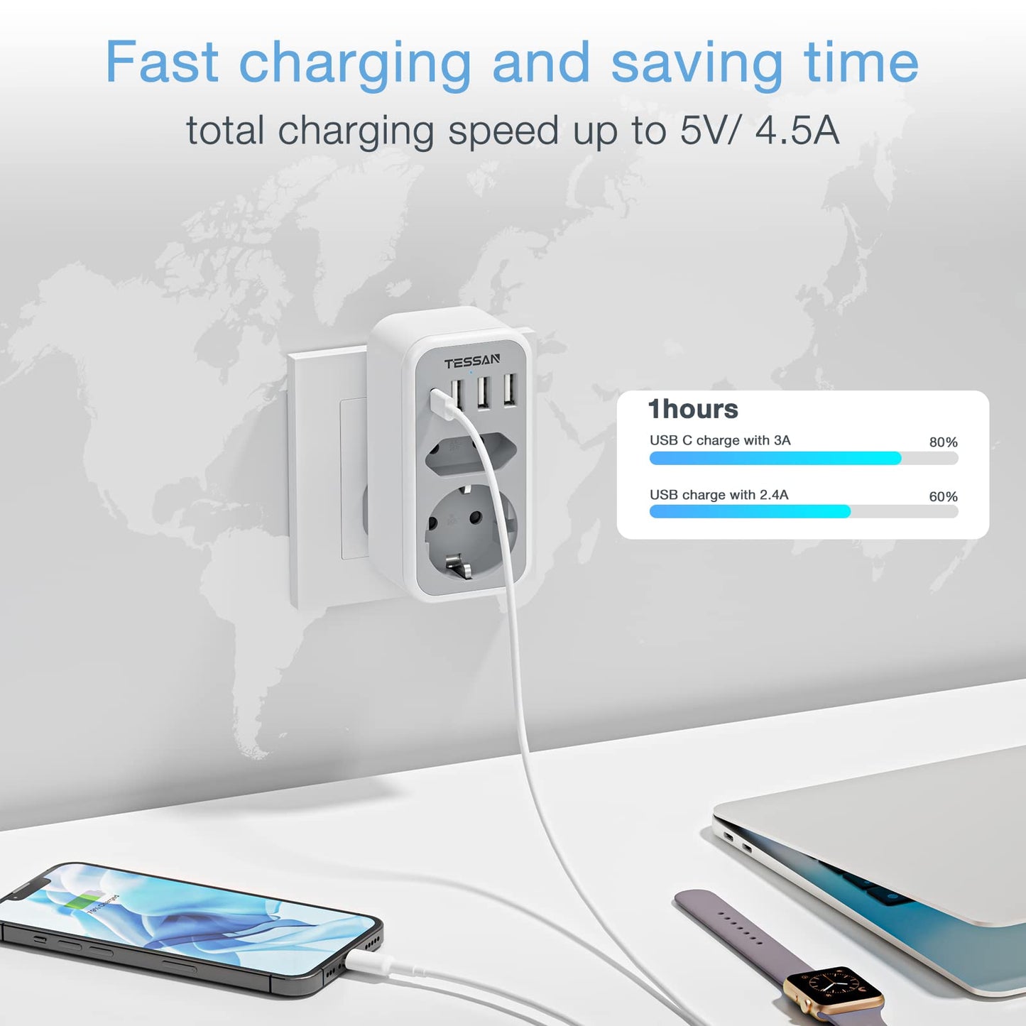 TESSAN UK Adapter England Deutschland Stecker mit 3 USB und 1 USB C