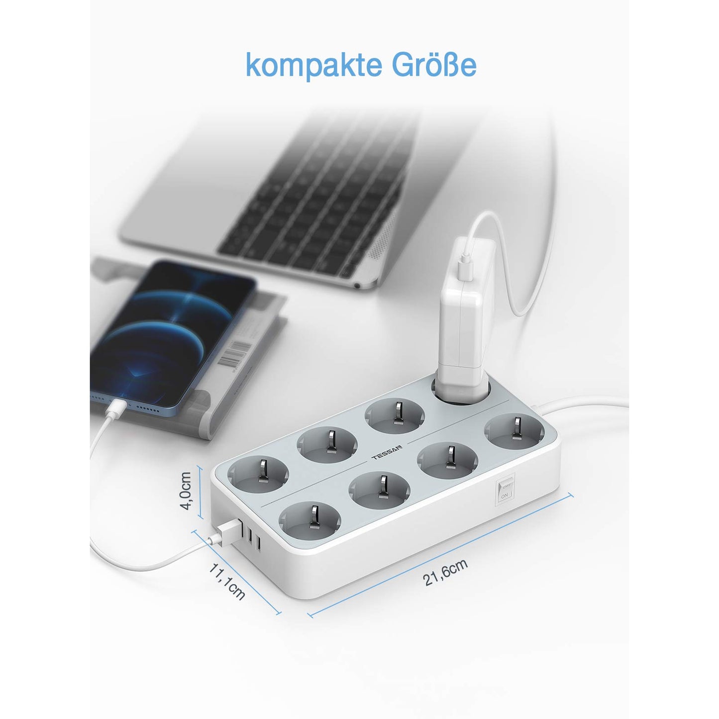 TESSAN 11 in 1 Steckerleiste Extension Cord,Verlängerungskabel 2m mit 3 USB