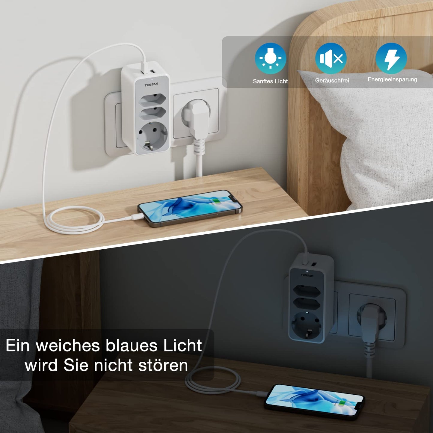 TESSAN 5-in-1 Mehrfachstecker für Steckdose, 3-fach mit 2 USB-Steckdosen
