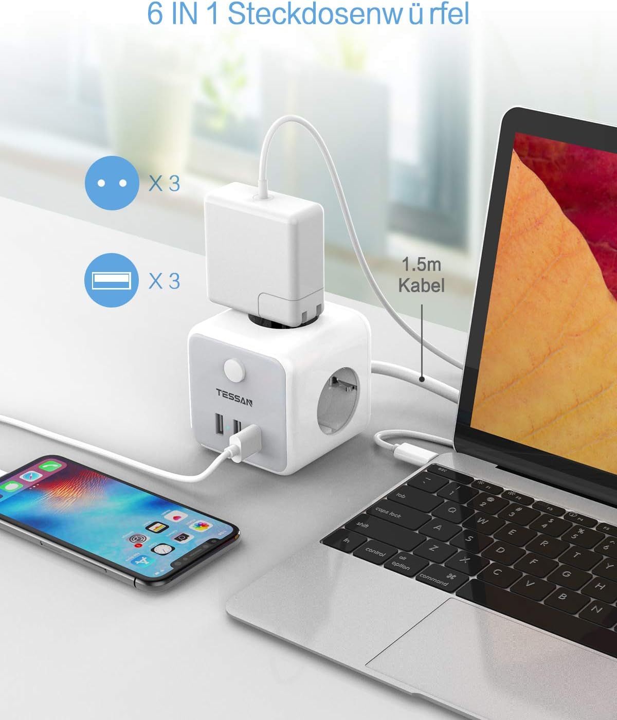 TESSAN Mehrfachsteckdose mit USB Würfel Verlängerungskabel 1,5m,Gray