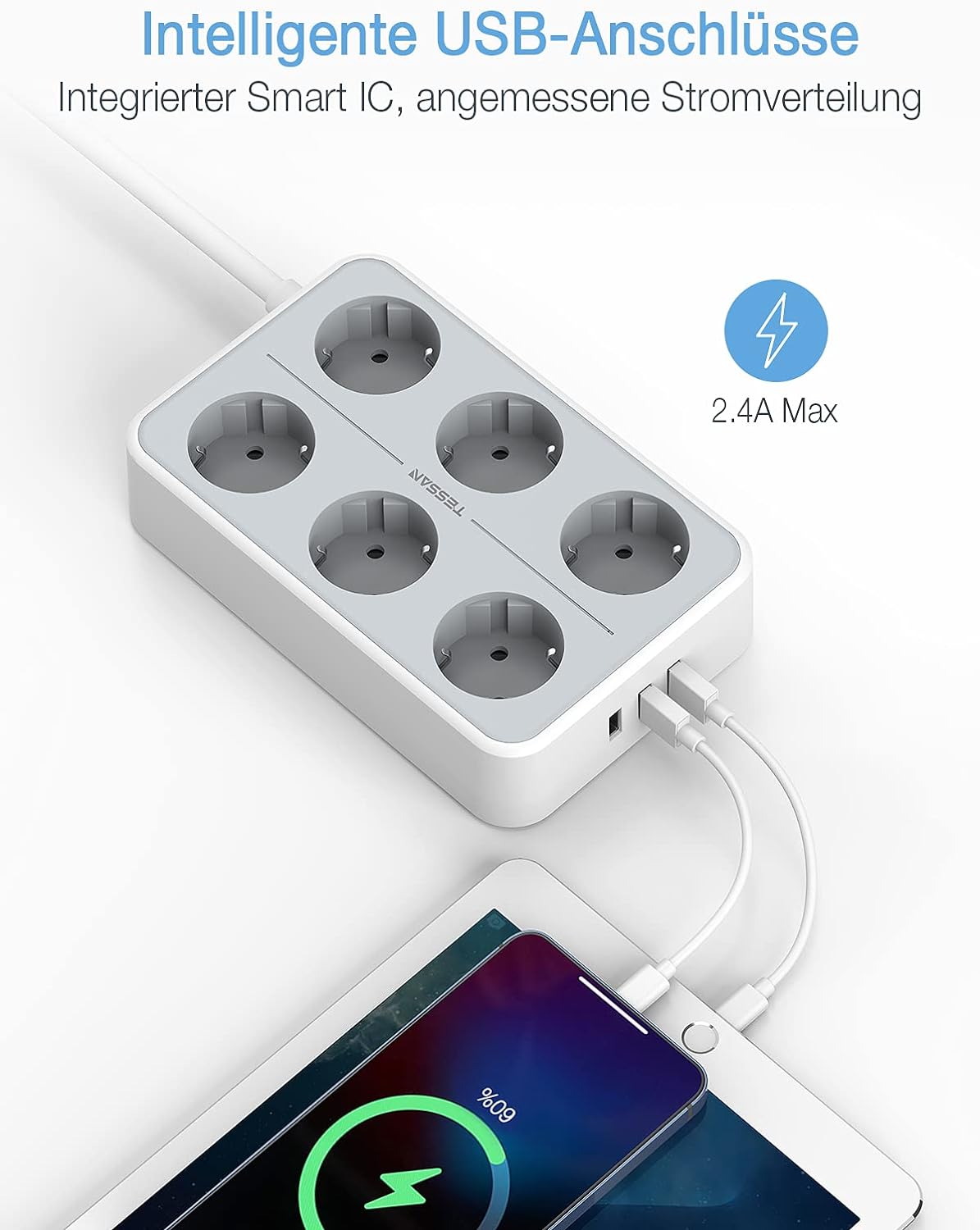 TESSAN 6-way multiple socket outlet, 9 in 1 power strip extension cable, 2m