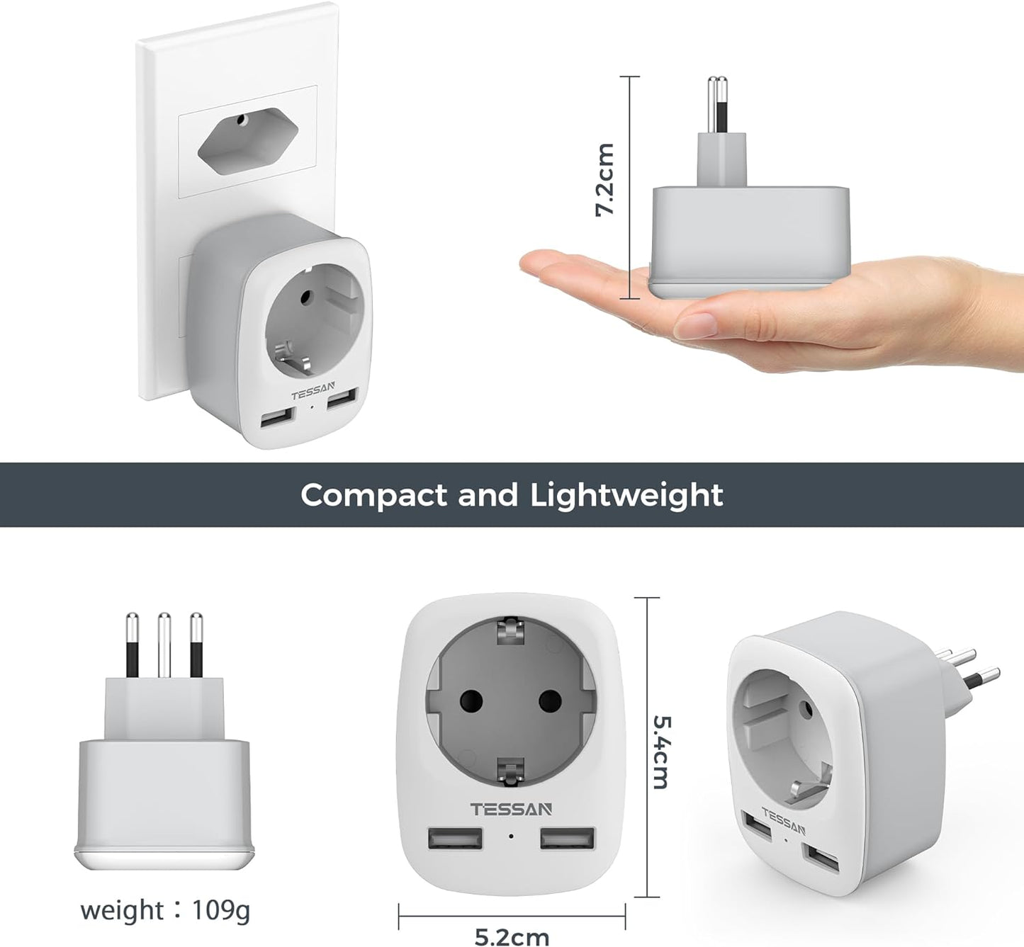 TESSAN Reiseadapter Brasilien mit 2 USB,Typ N Reiseadapter für südafrika,2500W