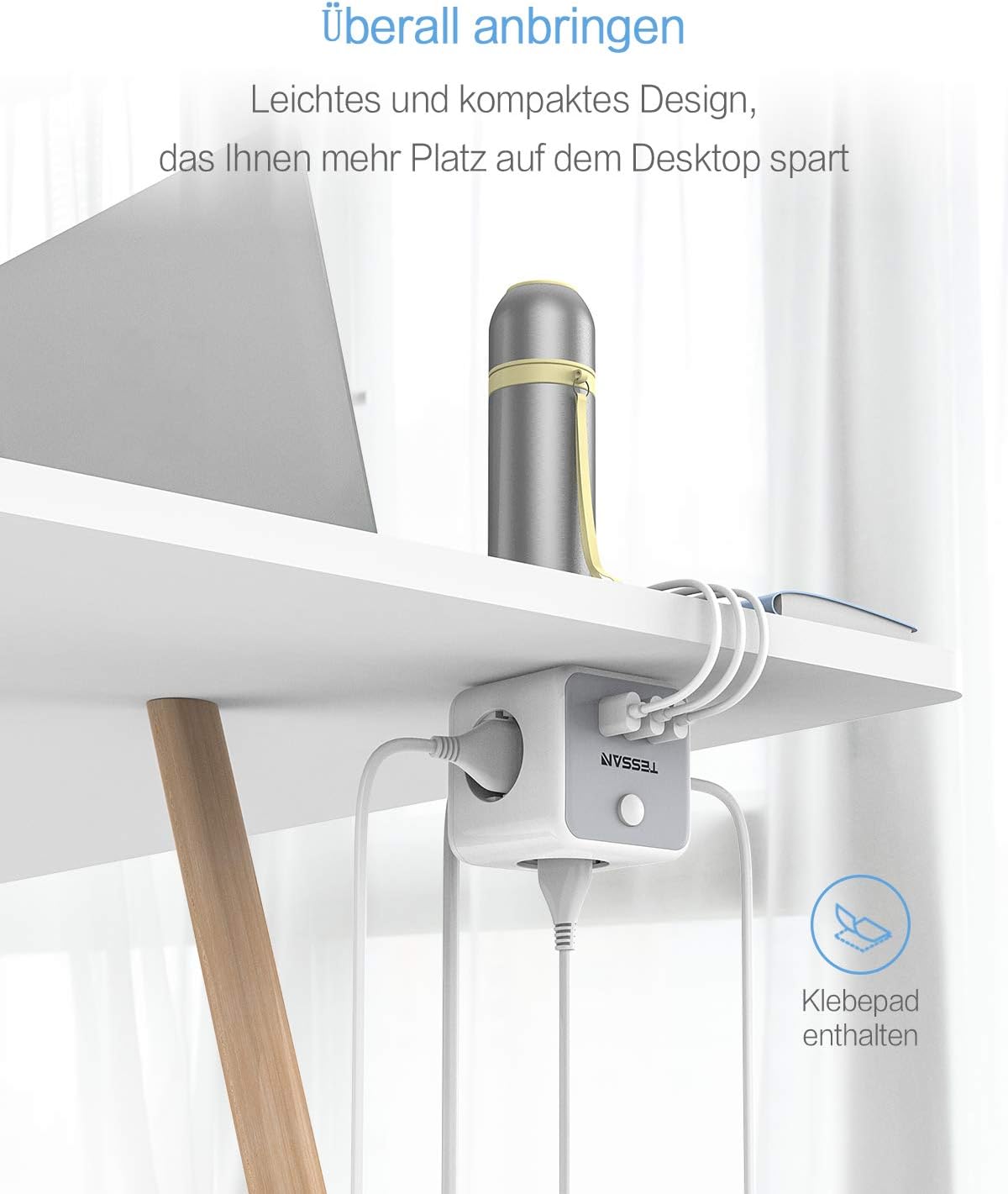 TESSAN Mehrfachsteckdose mit USB Würfel Verlängerungskabel 1,5m,Gray