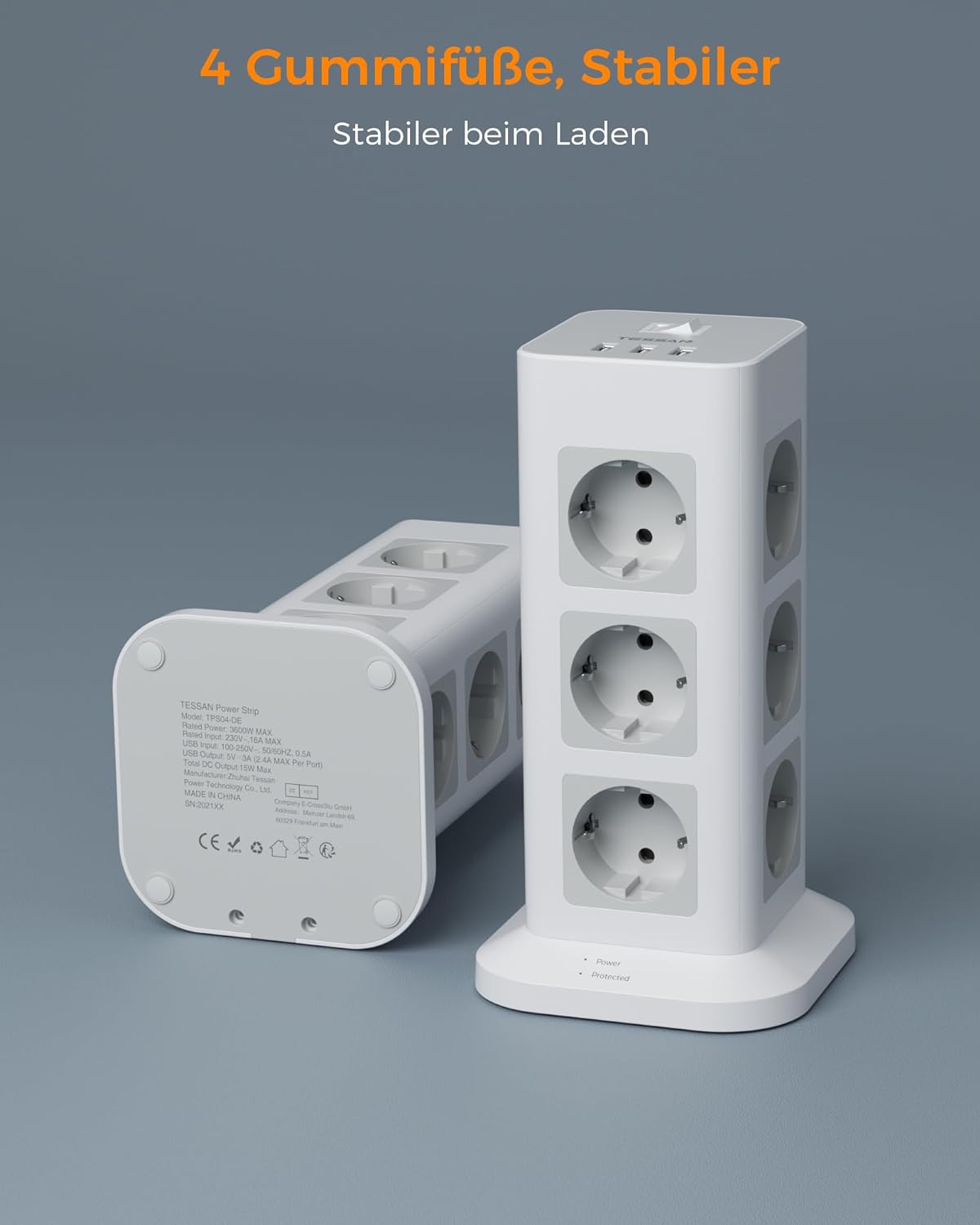 TESSAN 12 Fach Mehrfachsteckdose mit 3 USB, Mehrfachstecker Verlängerungskabel 2M