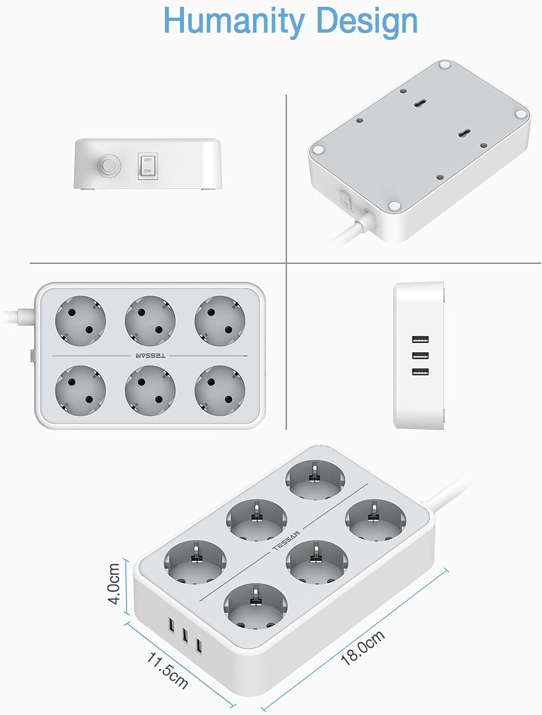 TESSAN 6-way multiple socket outlet, 9 in 1 power strip extension cable, 2m