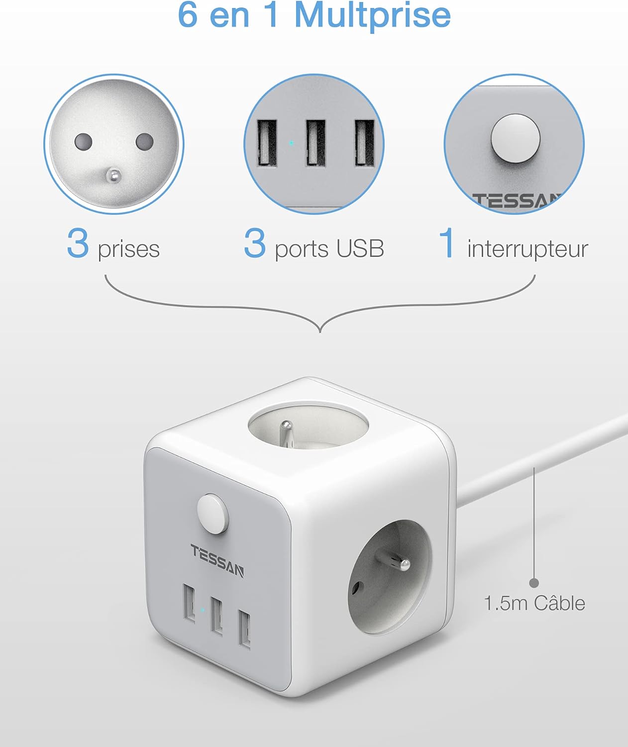 TESSAN 3Fach Steckdosenleiste Cube Steckdose mit USB Würfel,1.5M