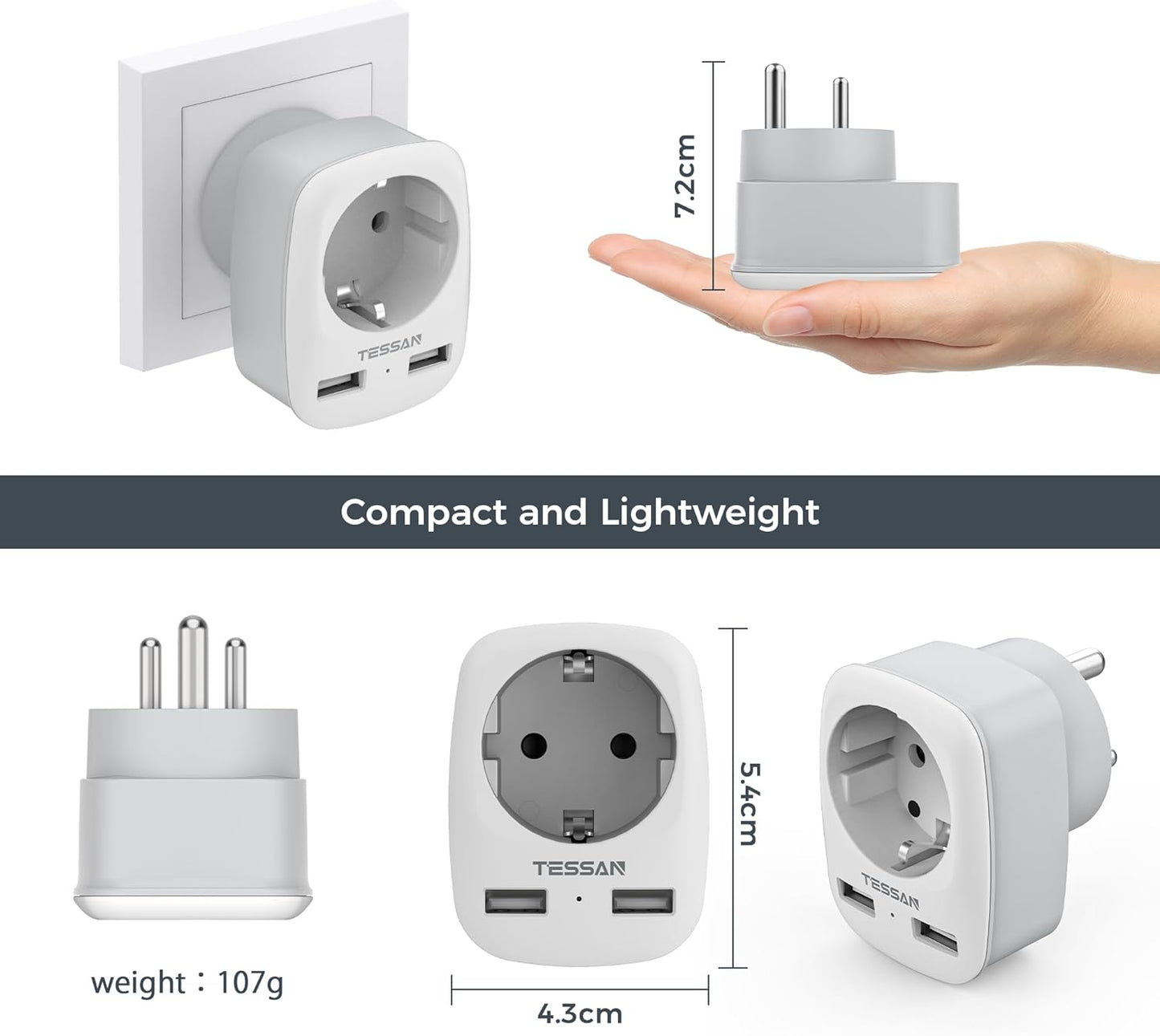 TESSAN 3 in 1 Reiseadapter für Indien mit 2 USB, Adapter Indien Steckdose,Typ D
