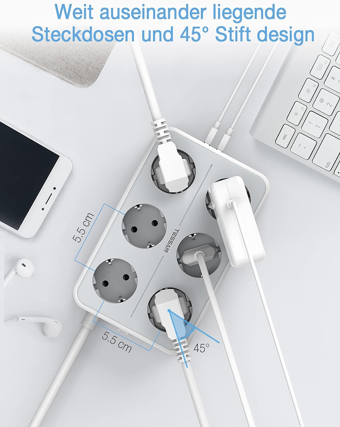 TESSAN 6-way multiple socket outlet, 9 in 1 power strip extension cable, 2m
