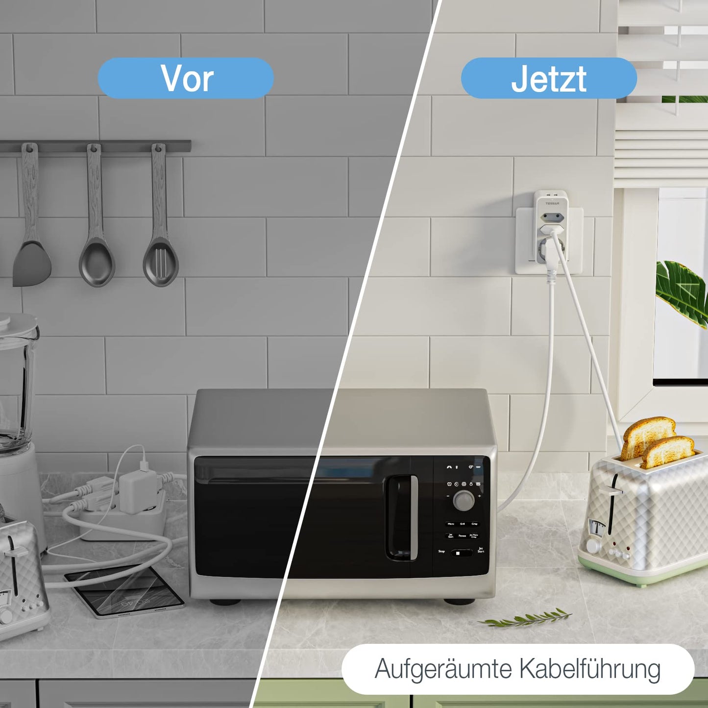 TESSAN 5-in-1 Mehrfachstecker für Steckdose, 3-fach mit 2 USB-Steckdosen