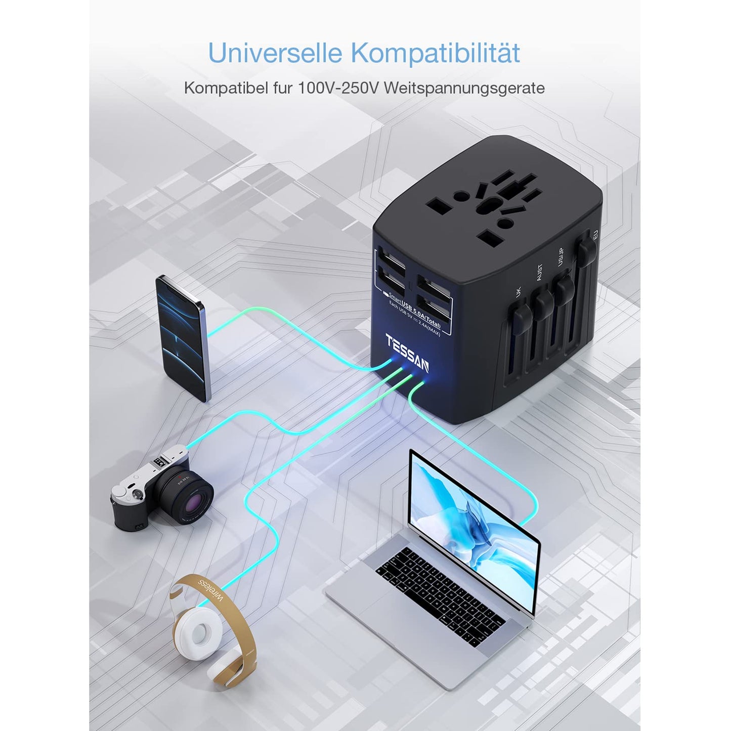 TESSAN Universal Reiseadapter Steckdosenadapter Weltweit mit 4 USB