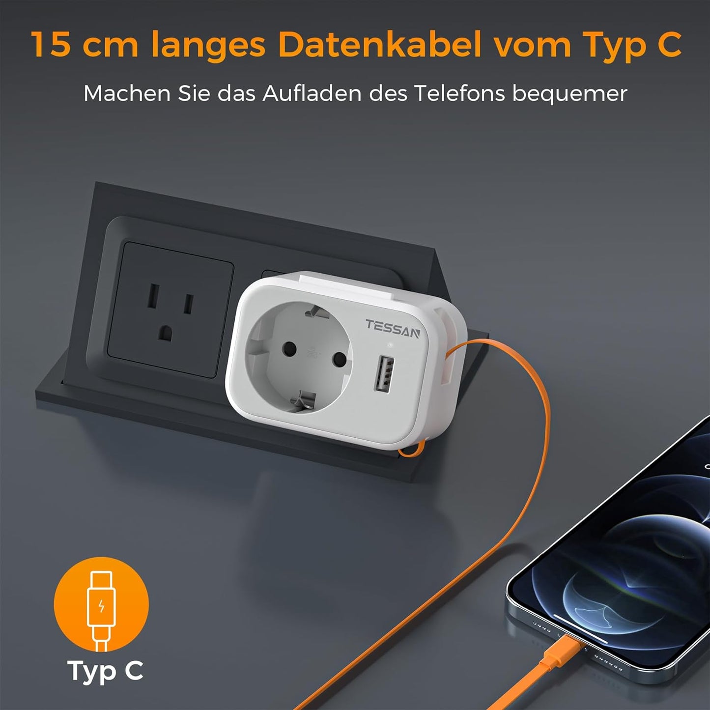 TESSAN  3 in 1 Reiseadapter USA mit 15 cm USB C Kabel,Typ B Reiseadapter