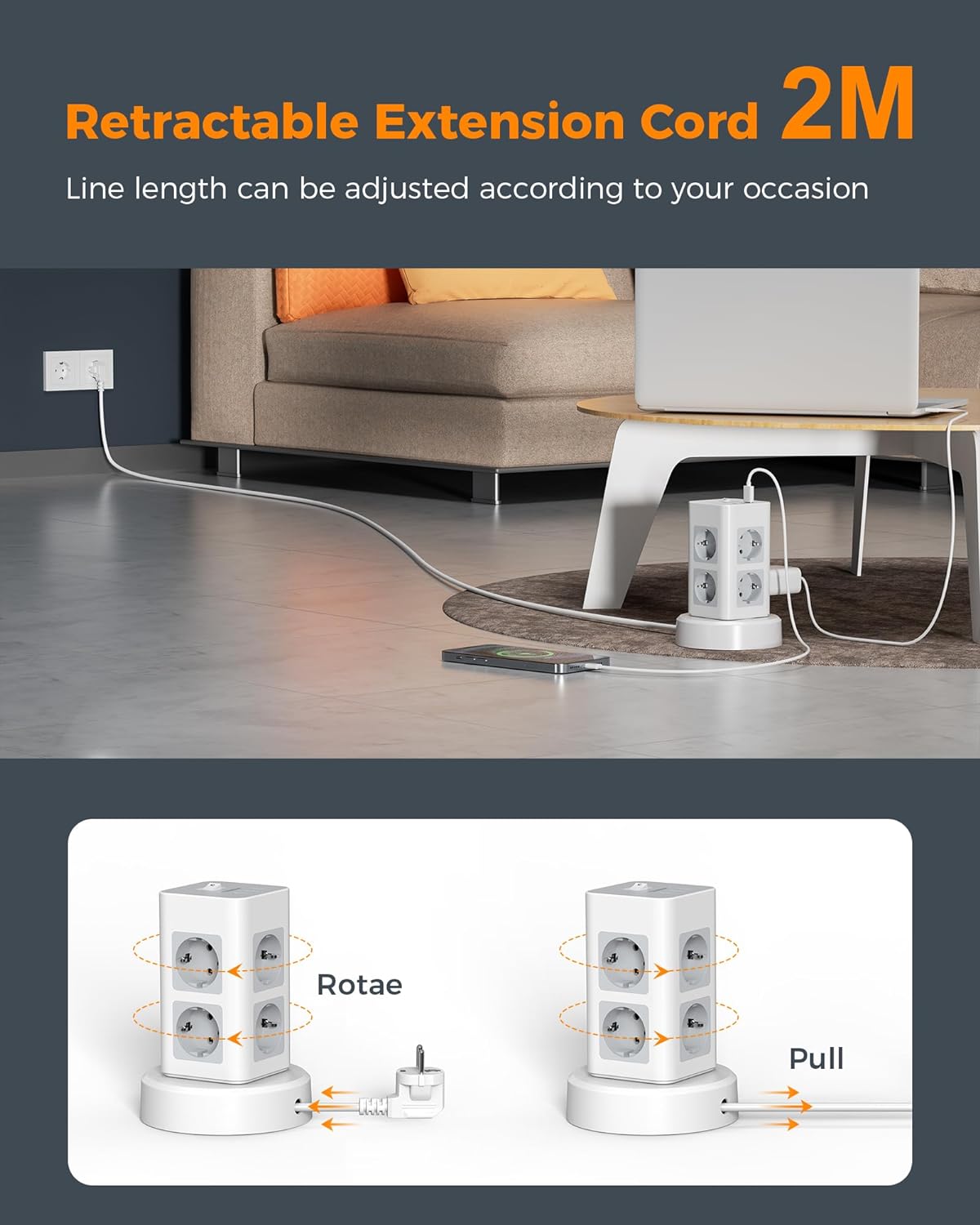 TESSAN 8 Fach Steckdosenleiste,Steckdosenturm Verteilersteckdose,mit 2M Extension Cord
