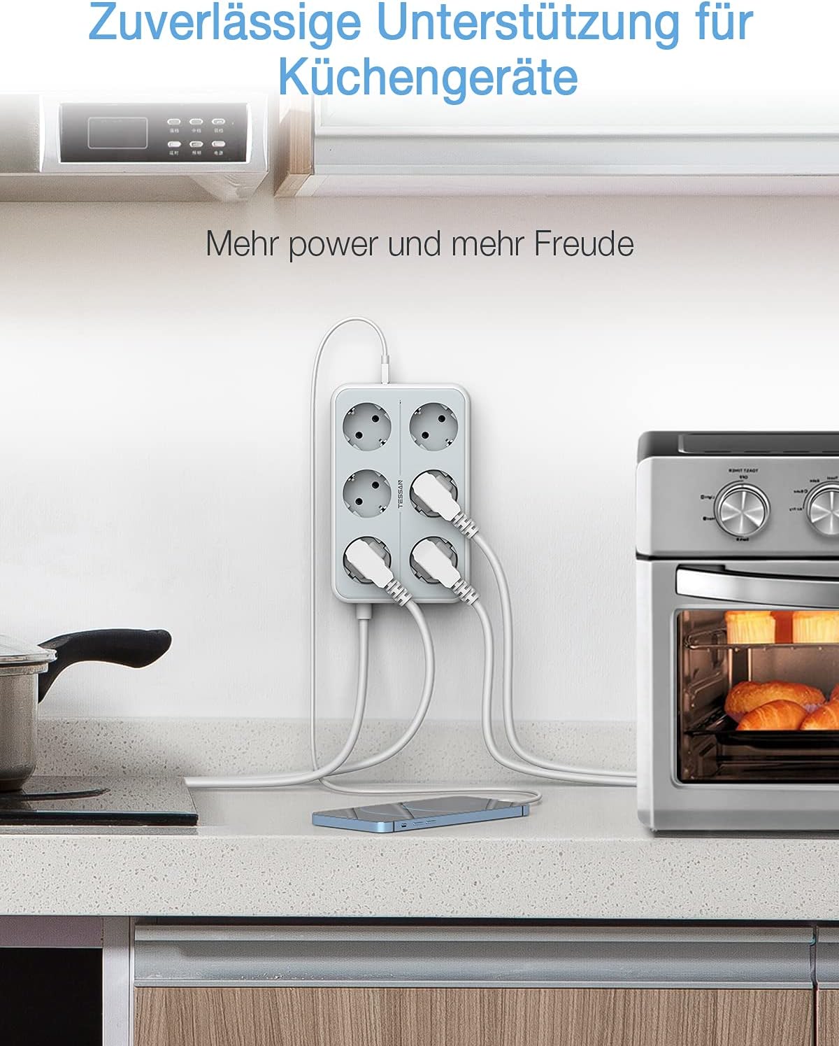 TESSAN 6-way multiple socket outlet, 9 in 1 power strip extension cable, 2m