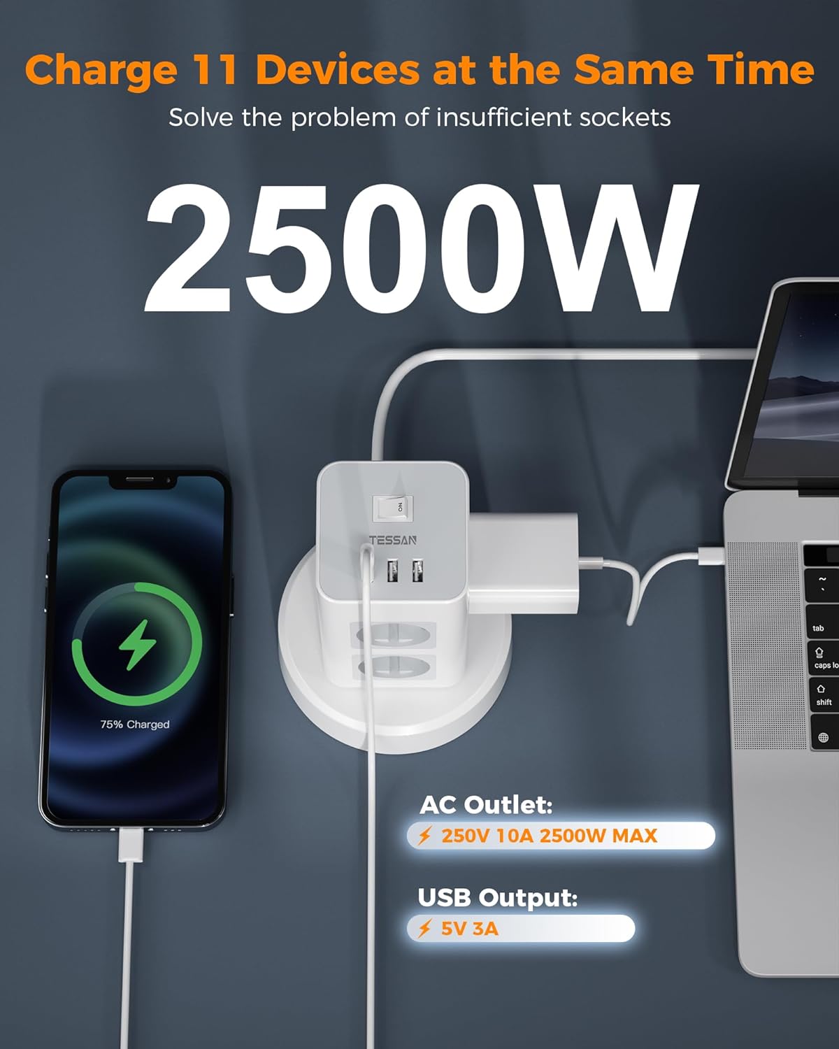 TESSAN 8 Fach Steckdosenleiste,Steckdosenturm Verteilersteckdose,mit 2M Extension Cord