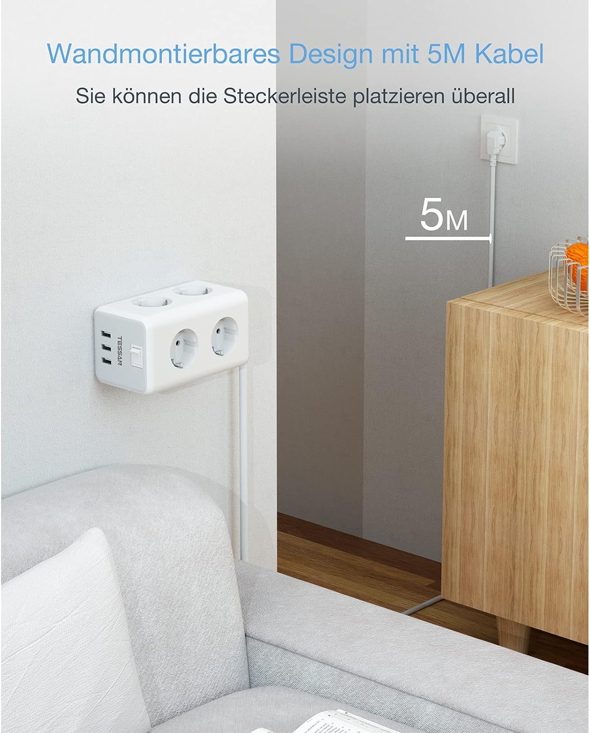 TESSAN 6 Fach Steckdosenleiste mit 3 USB,2M,3600W 16A
