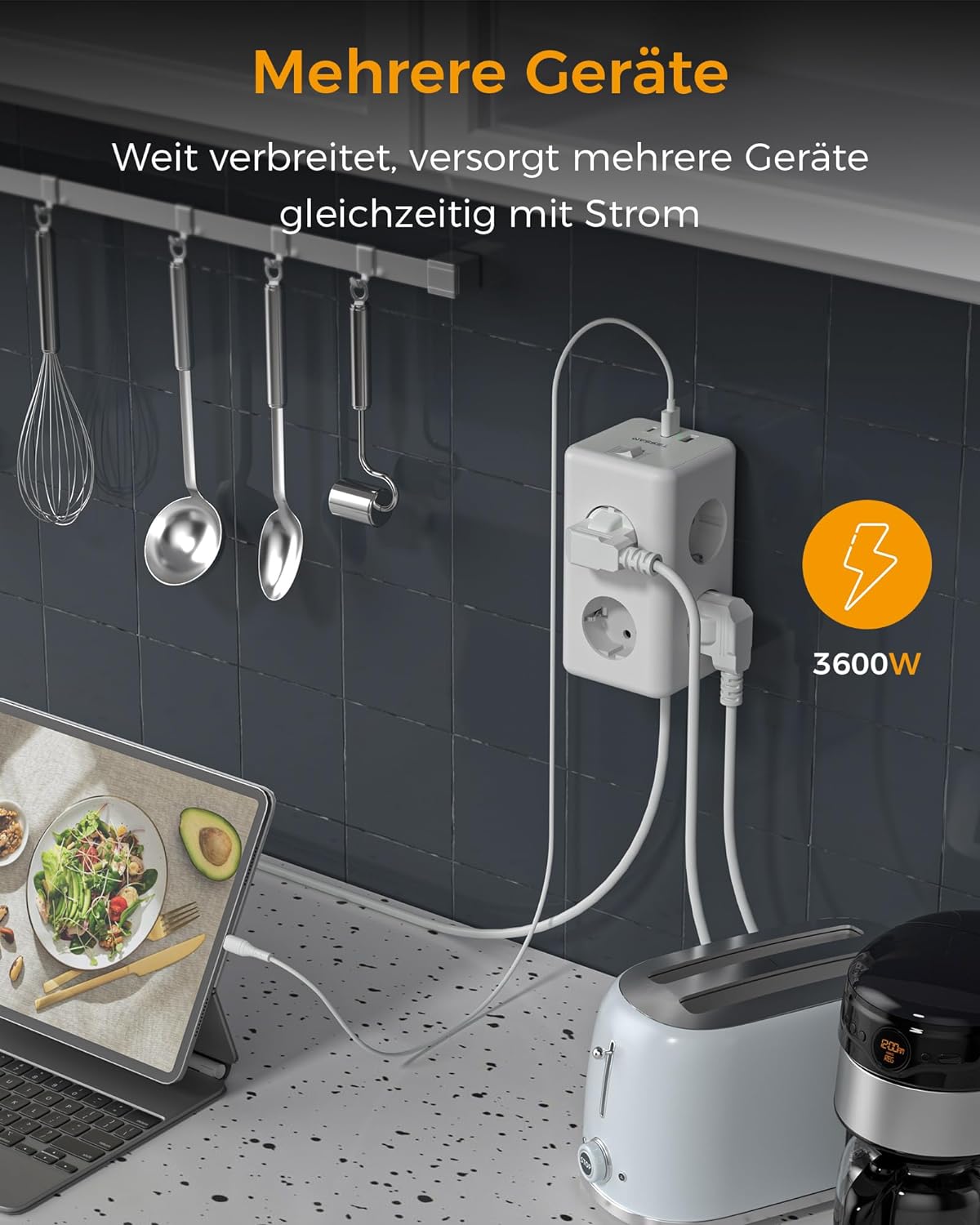 TESSAN 6 Fach Steckdosenleiste mit USB C mit 2m Verlängerungskabel
