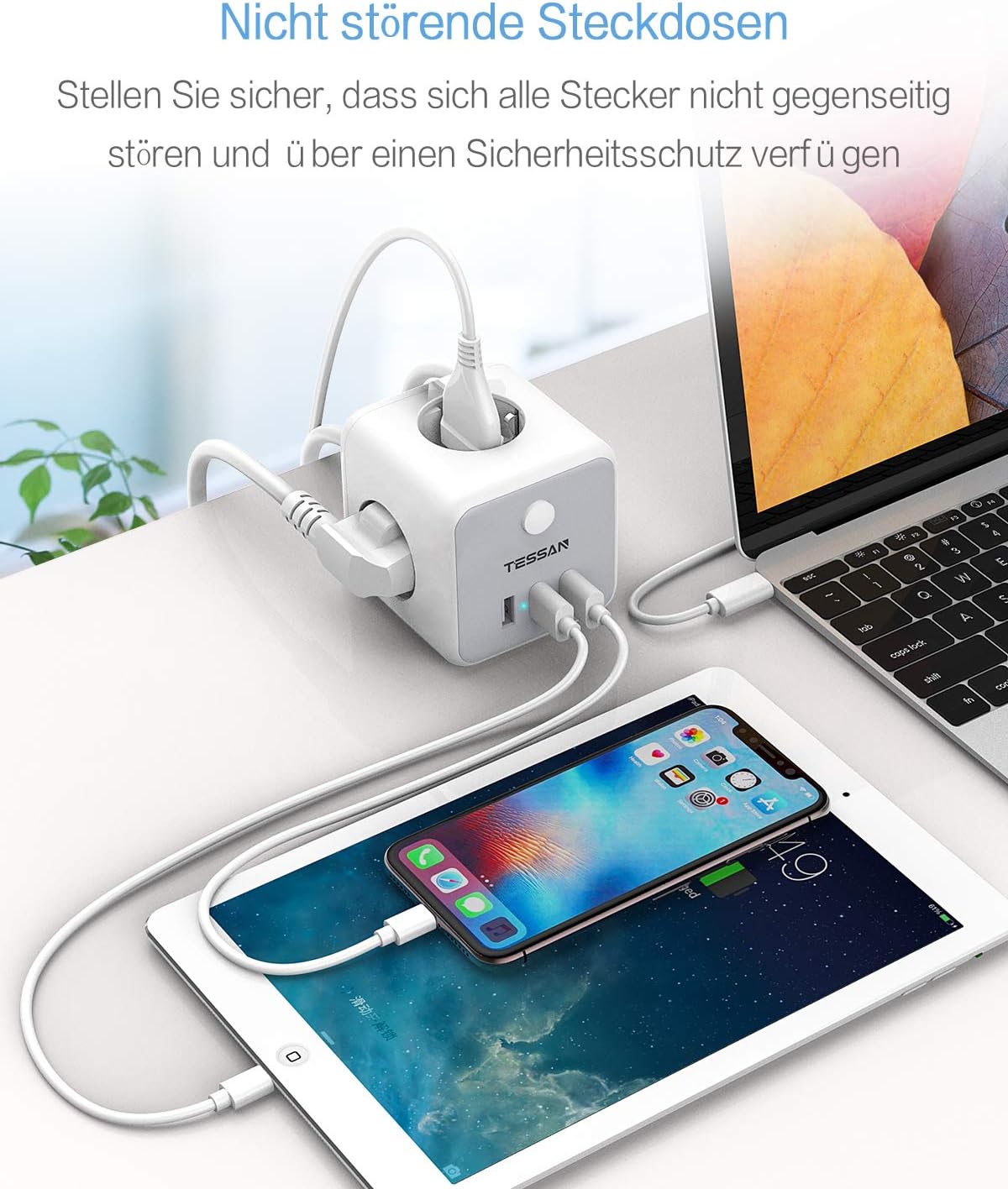 TESSAN Mehrfachsteckdose mit USB Würfel Verlängerungskabel 1,5m,Gray