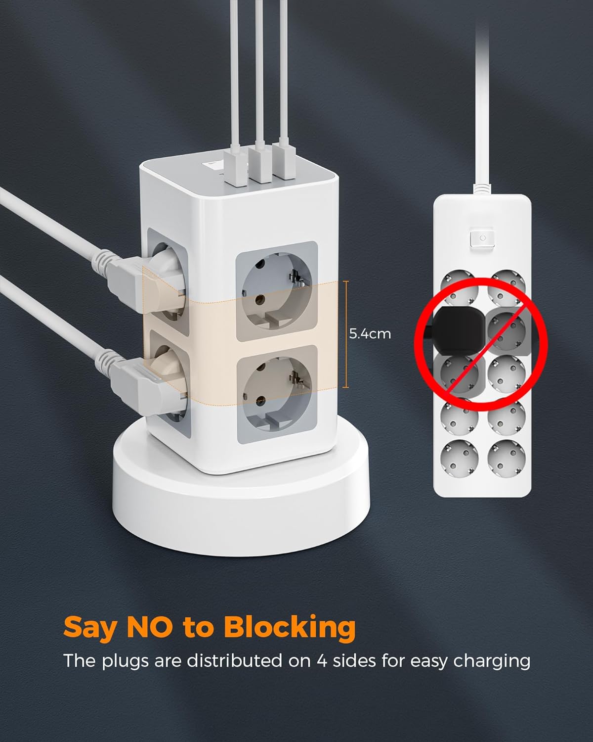 TESSAN 8 Fach Steckdosenleiste,Steckdosenturm Verteilersteckdose,mit 2M Extension Cord