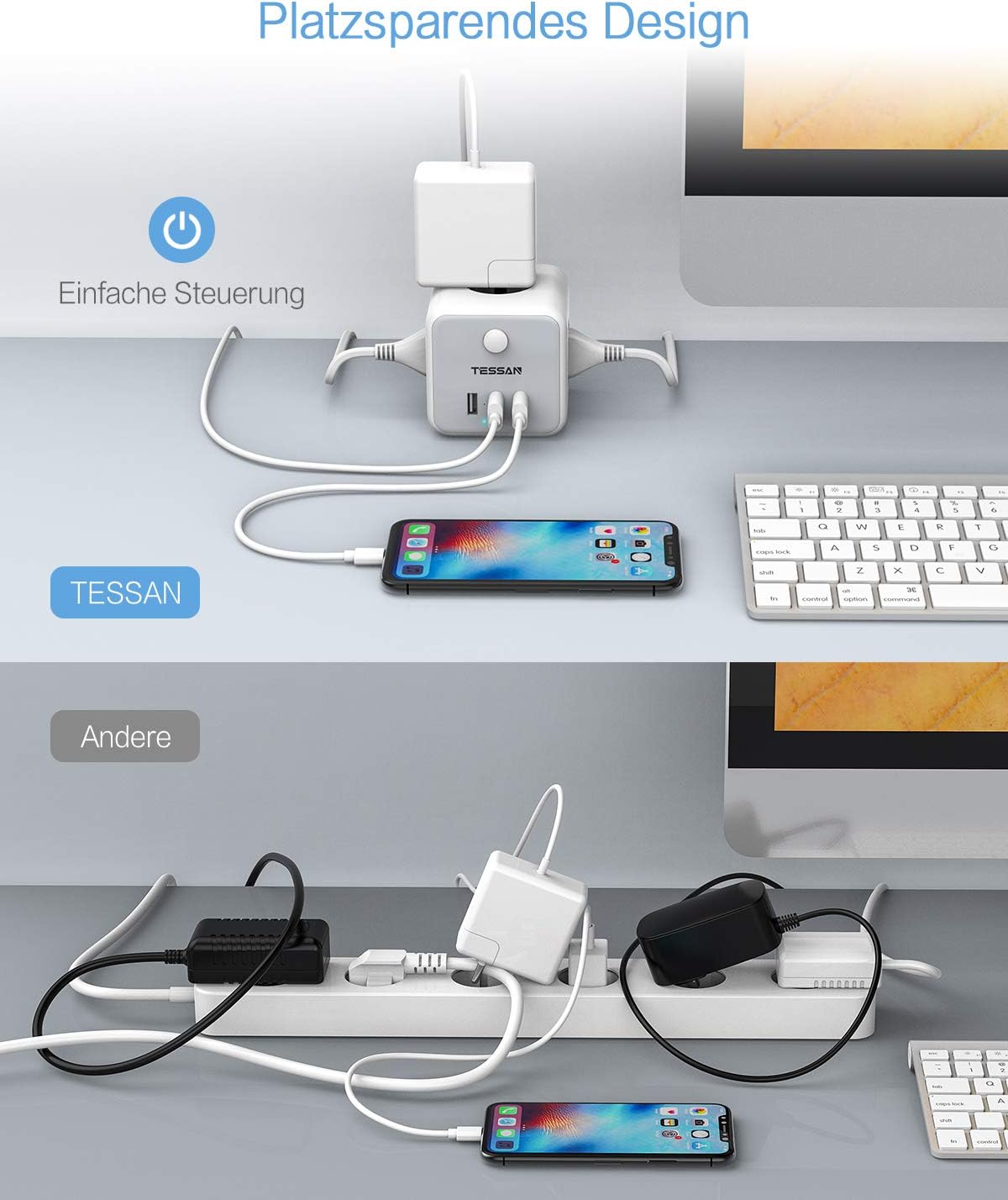 TESSAN Mehrfachsteckdose mit USB Würfel Verlängerungskabel 1,5m,Gray