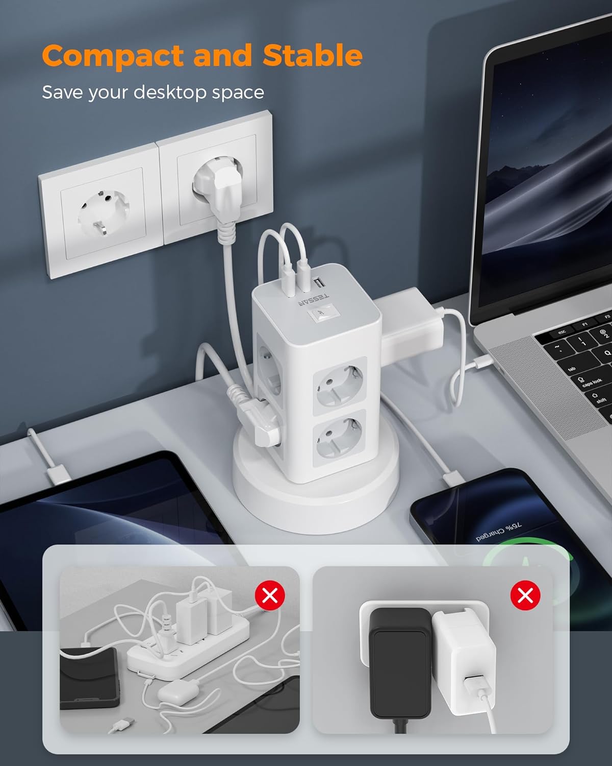 TESSAN 8 Fach Steckdosenleiste,Steckdosenturm Verteilersteckdose,mit 2M Extension Cord