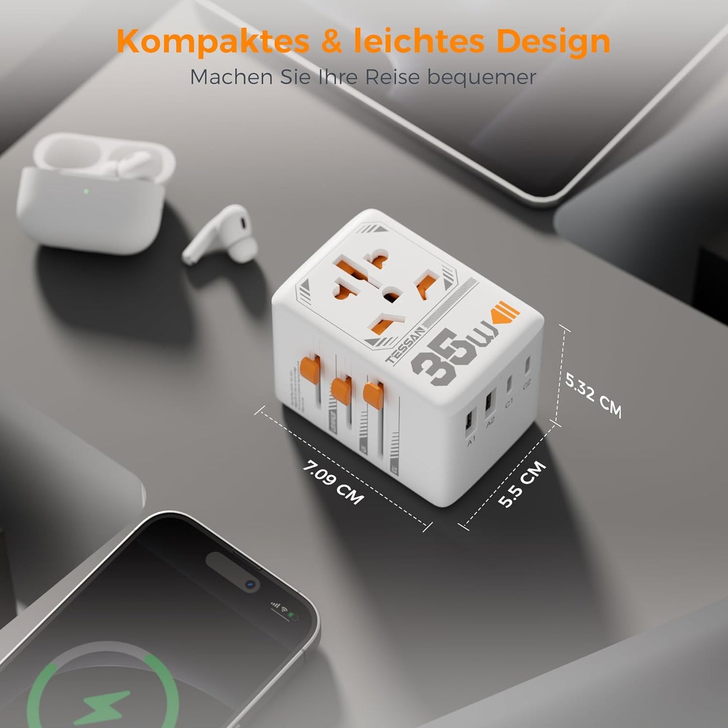 TESSAN 35W Reiseadapter Weltweit mit USB C, Schnellladung USB C Adapter