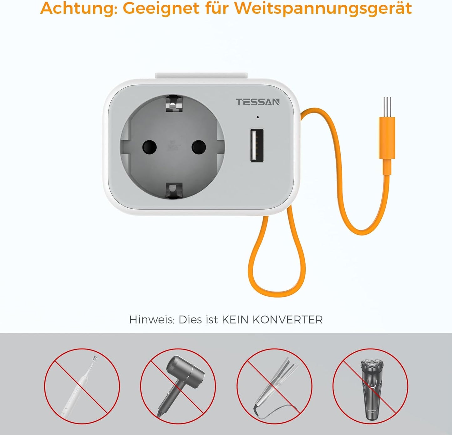 TESSAN  3 in 1 Reiseadapter USA mit 15 cm USB C Kabel,Typ B Reiseadapter
