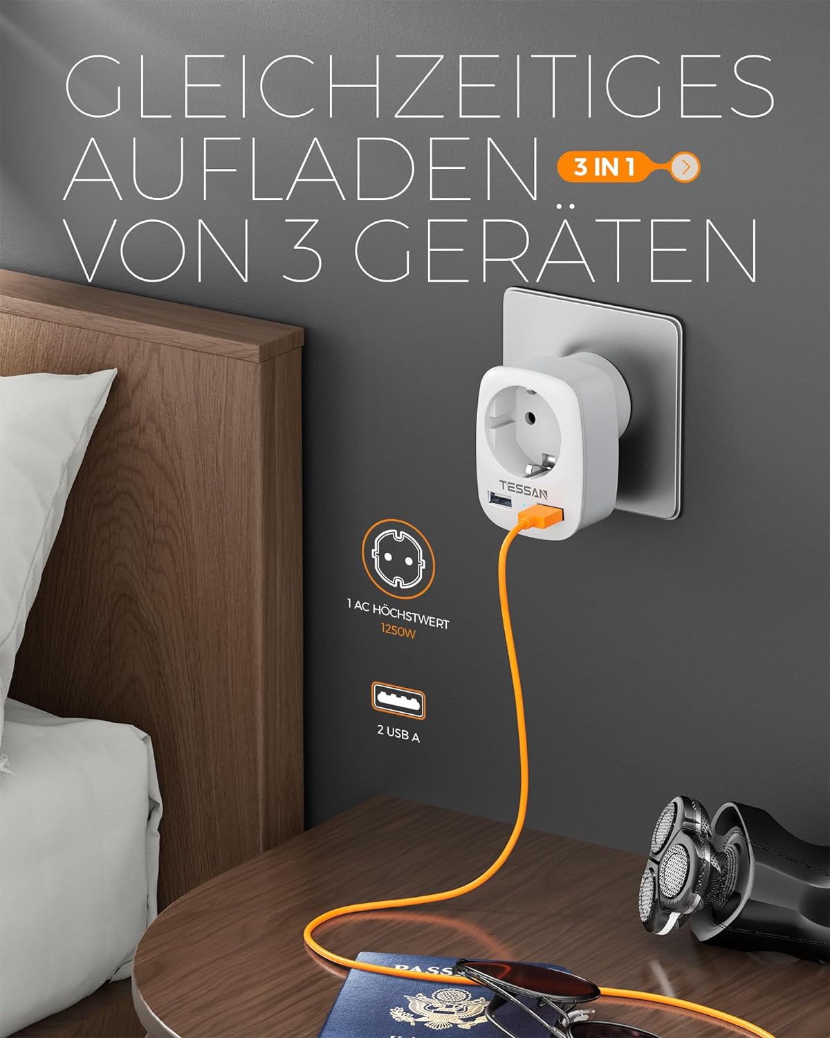 TESSAN Reiseadapter USA Adapter Amerika Deutschland Stecker mit 2 USB 2.4A