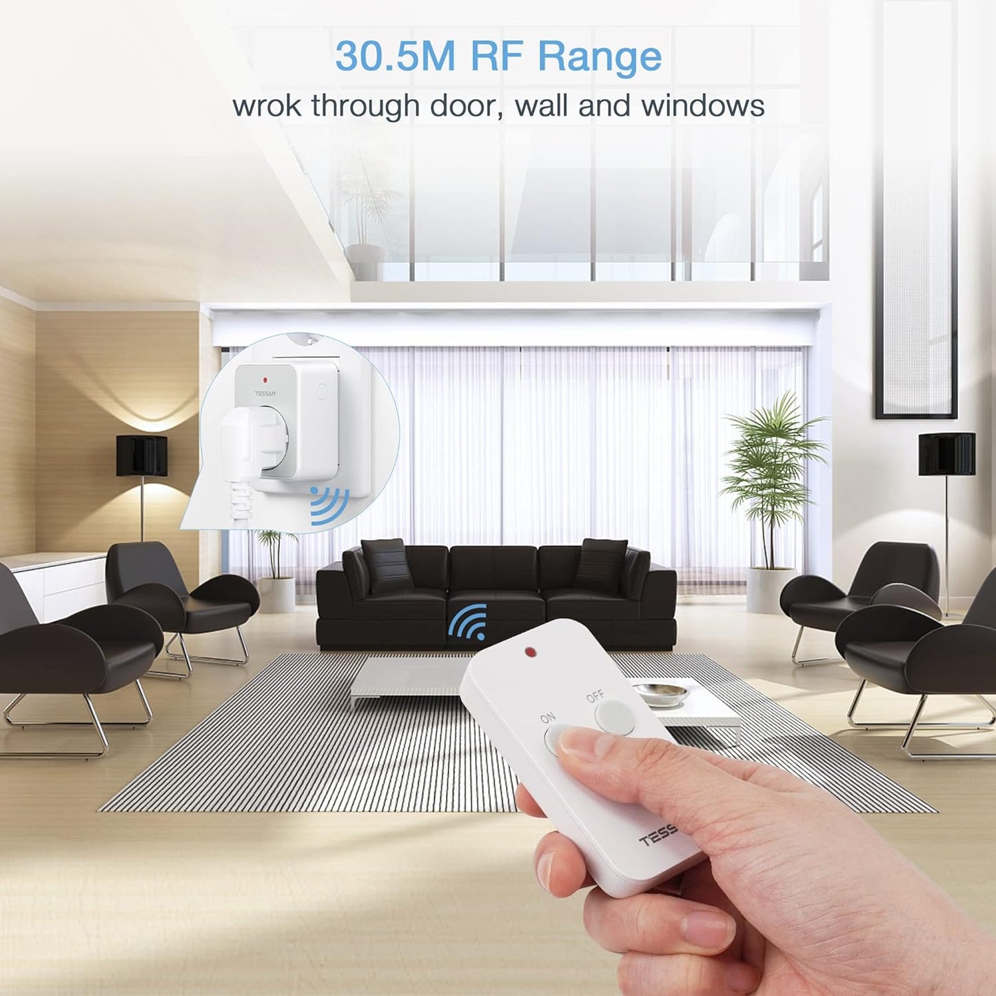 TESSAN Funksteckdose mit Fernbedienung, Steckdose mit 30,5M Reichweite, 3600W innen