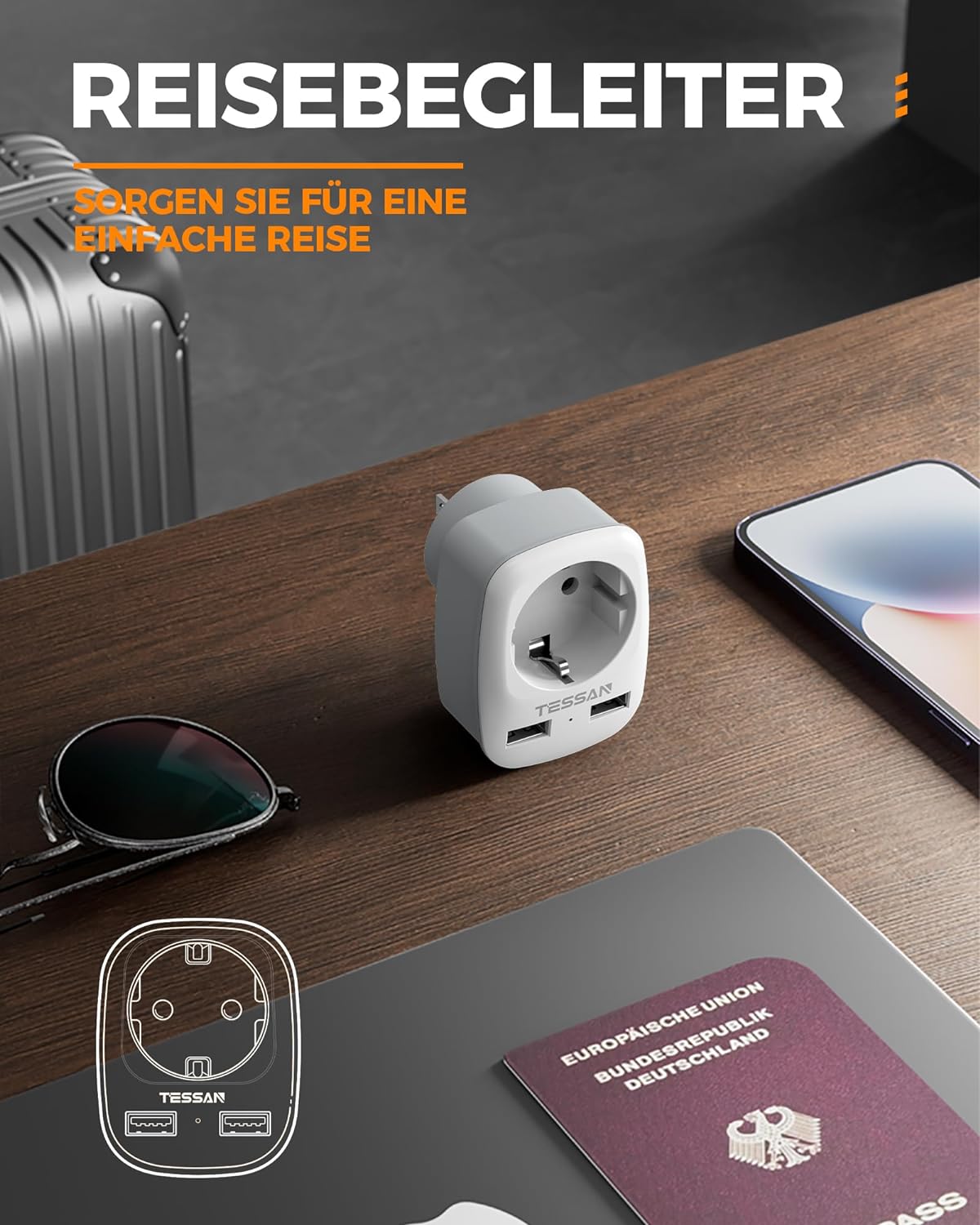 TESSAN Reiseadapter USA Adapter Amerika Deutschland Stecker mit 2 USB 2.4A