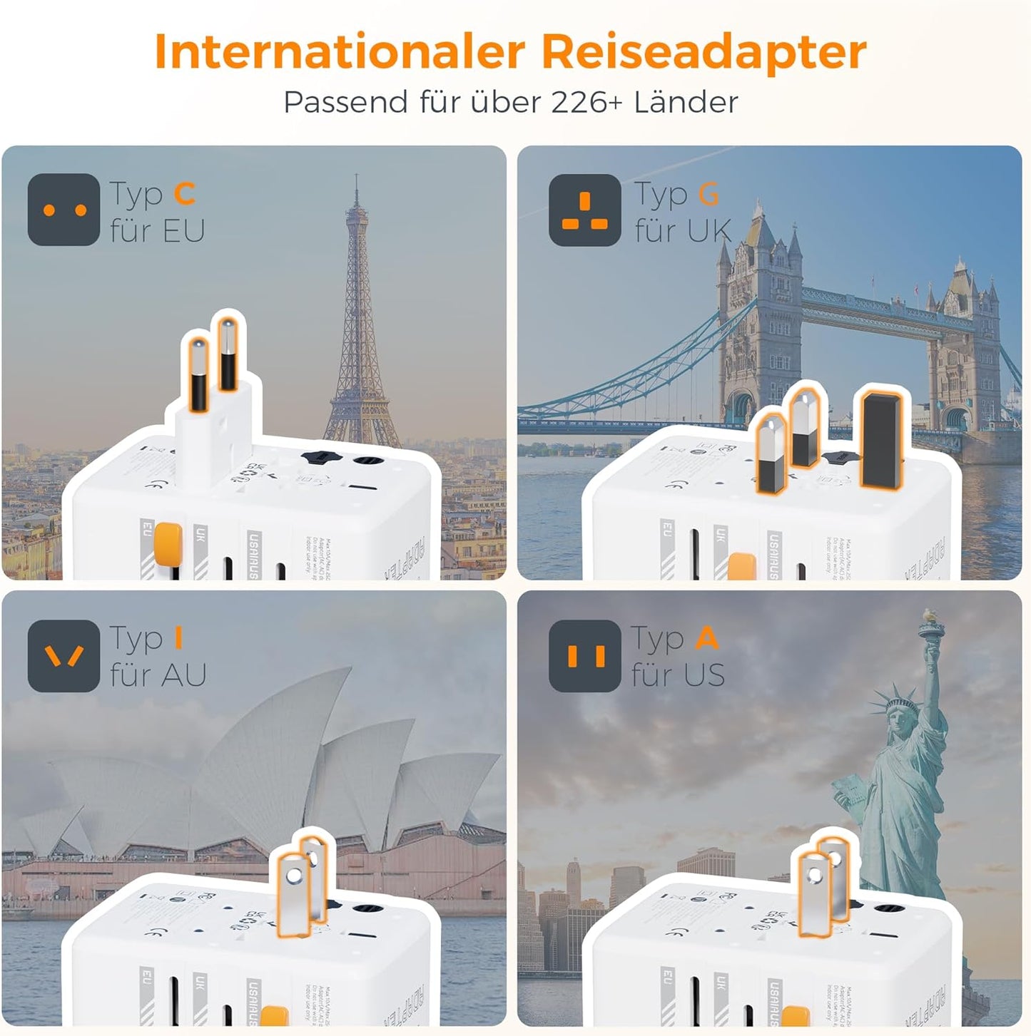 TESSAN 35W Reiseadapter Weltweit mit USB C, Schnellladung USB C Adapter