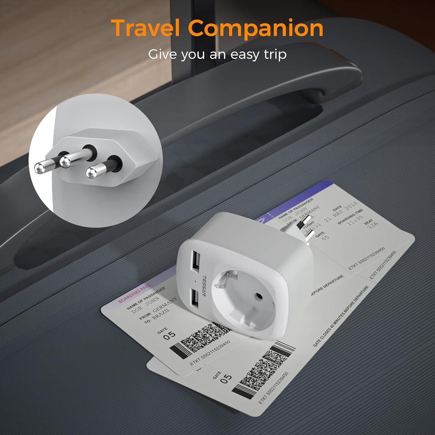 TESSAN Reiseadapter Brasilien mit 2 USB,Typ N Reiseadapter für südafrika,2500W