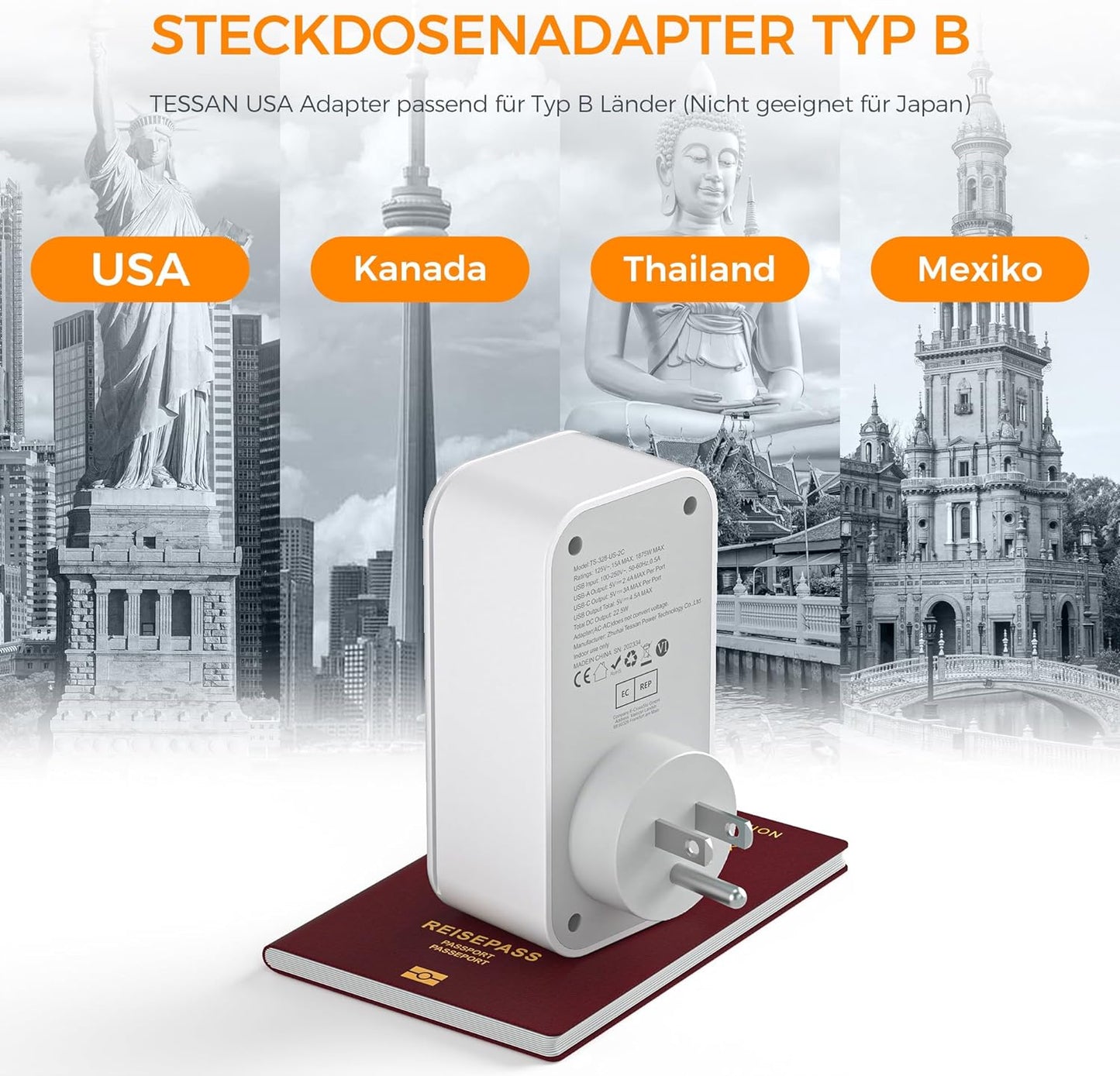 TESSAN 6 in 1 Reiseadapter USA mit 2 USB C und 2 USB A,Stromadapter Typ B